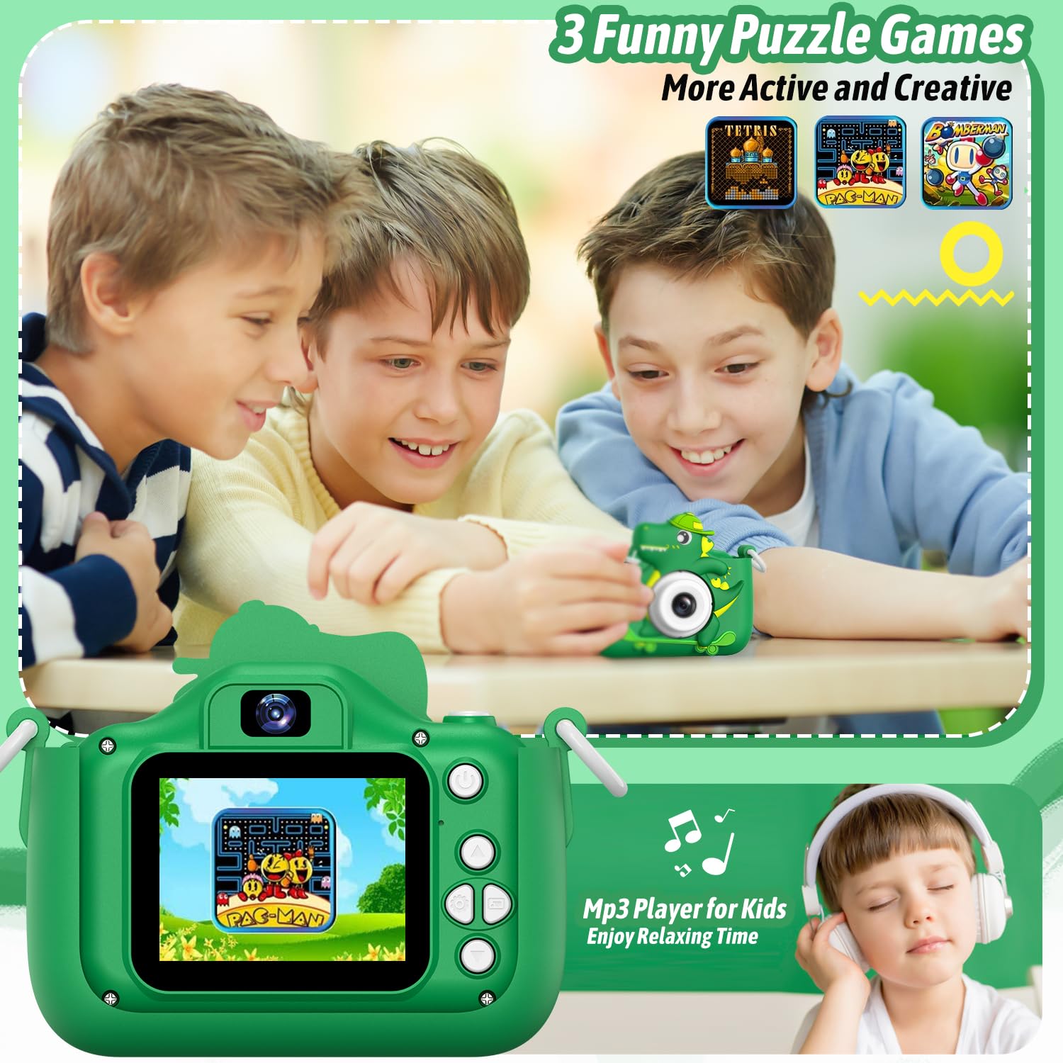 Dwfit Upgrade Selfie Kids Camera, Christmas Birthday Gifts for Boys Girls Age 3-12, HD Kids Digital Video Cameras for Toddler with Cartoon Soft Silicone Cover, Portable Toy for 3 4 5 6 7 8 Years Old