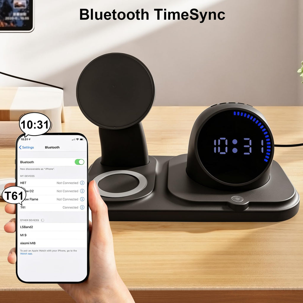 6-in-1 Wireless Charging Station with Bluetooth Speaker,Digital Clock and Ambient Lights,Fast Wireless Charger for Multiple Devices for Apple - iPhone 17 16 15 14 13 12 Pro Max Apple Watch Airpods