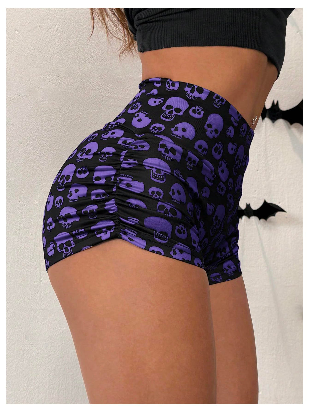 WDIRARA Women's Goth Graphic High Waisted Shorts Ruched Workout Athletic Yoga Biker Skeleton Shorts Purple Large