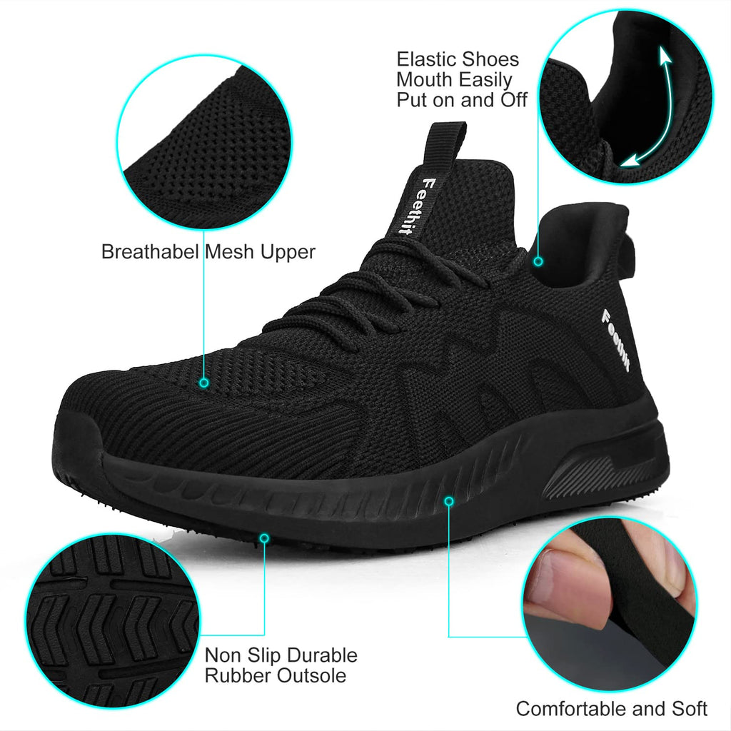Feethit Mens Slip on Walking Shoes Fashion Lightweight Non Slip Running Sneakers Breathable Comfortable Sneakers for Gym Travel Work All Black 10