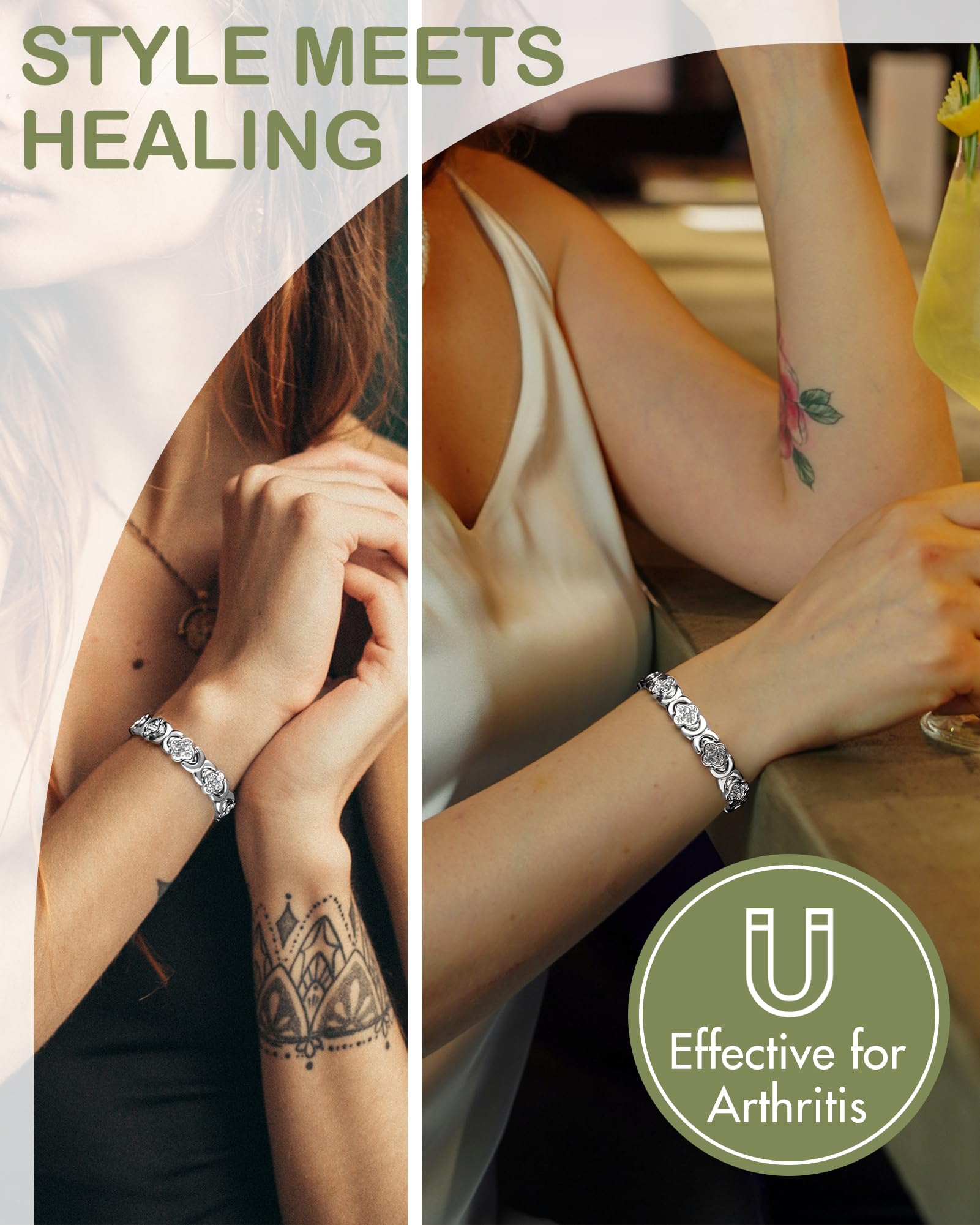 Feraco Pure Copper Bracelets for Women, Ultra Strength Magnetic Bracelet with 3800 Gauss Magnets & Sparkling Zirconia, Adjustable, Infinite Clover Jewelry (Silver)