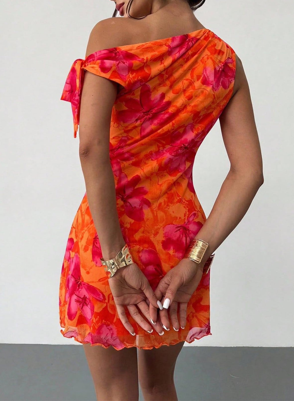 Acelitt Women's Fashion 2026 Summer Floral Off Shoulder Bodycon Dress Cocktail Party Mini Dresses Orange Medium
