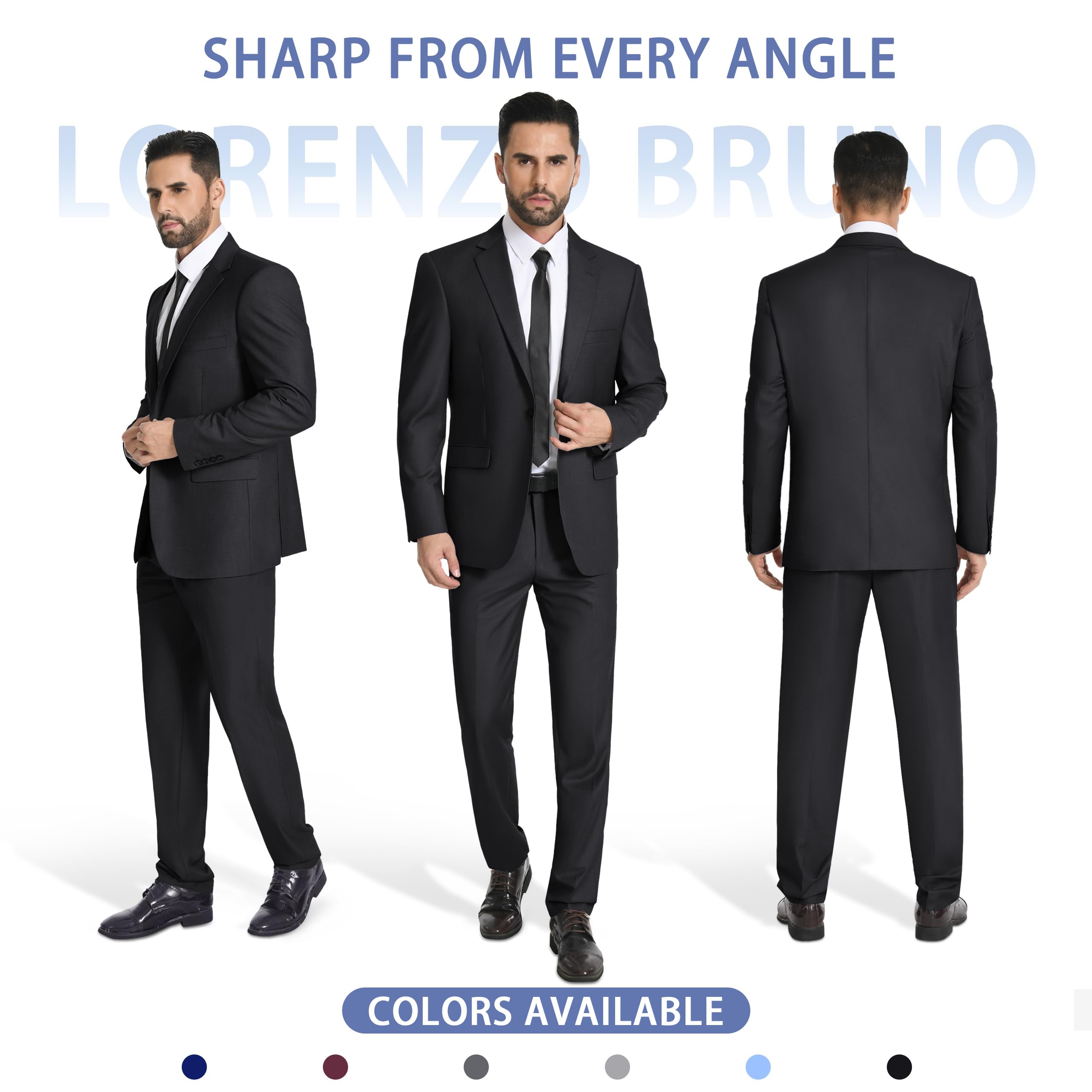 LORENZO BRUNO Mens Suit 2 Piece Black Suits for Men One Button Slim Fit Solid Jacket & Pants Tuxedo Set Business Wedding Party, Black, L