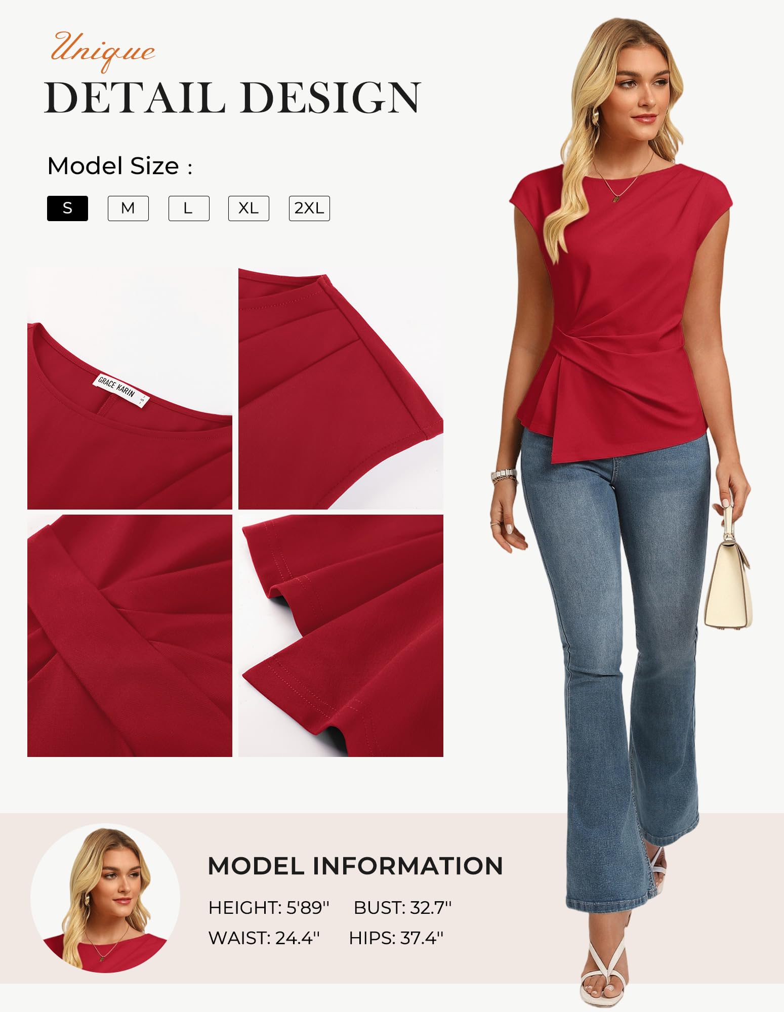GRACE KARIN Womens 2026 Spring Short Sleeve Tops, Dressy Casual Crew Neck Peplum Shirts, Trendy Tunic Blouses with Knot Red M