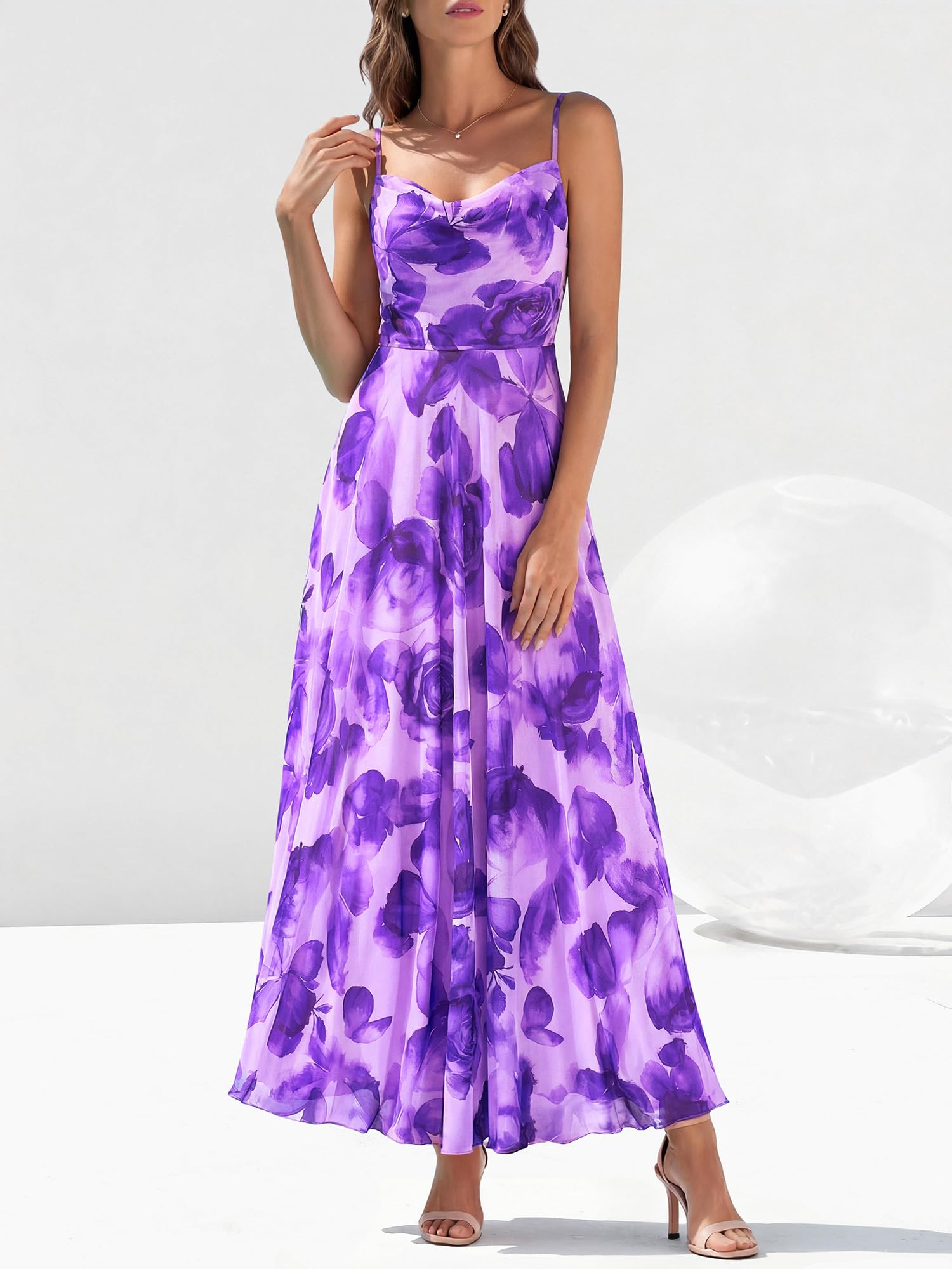 BTFBM Women Summer Floral Maxi Dresses Elegant Spaghetti Strap Dress Printed Party Dress Beach Long Dresses(Green Big Floral,X-Large)