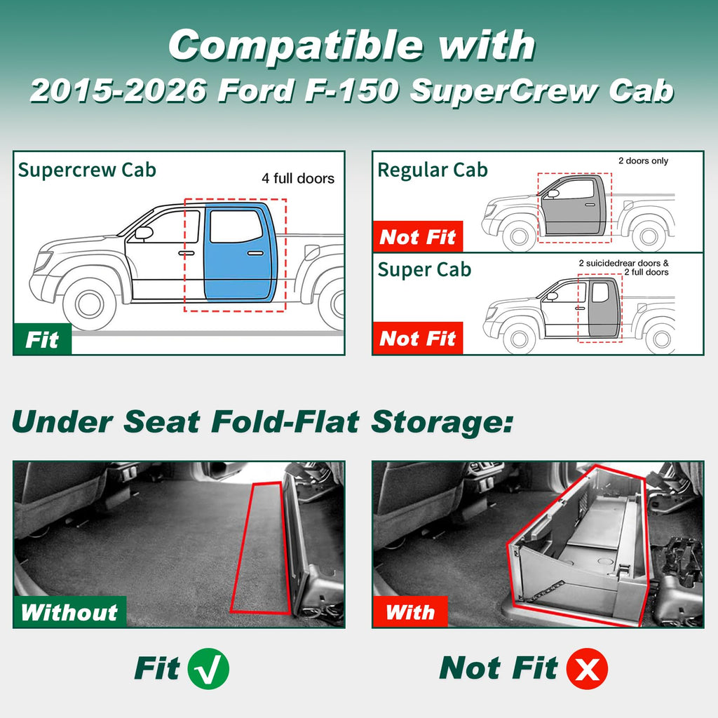 CROVECO Floor Mats for Ford F150 2015-2026 SuperCrew Cab (Includes 2022-2025 Lightning) w/o Fold Flat Storage Carpet Floor TPE All Weather Cargo Liner 1st & 2nd Row Floor Liners, 3pcs Black