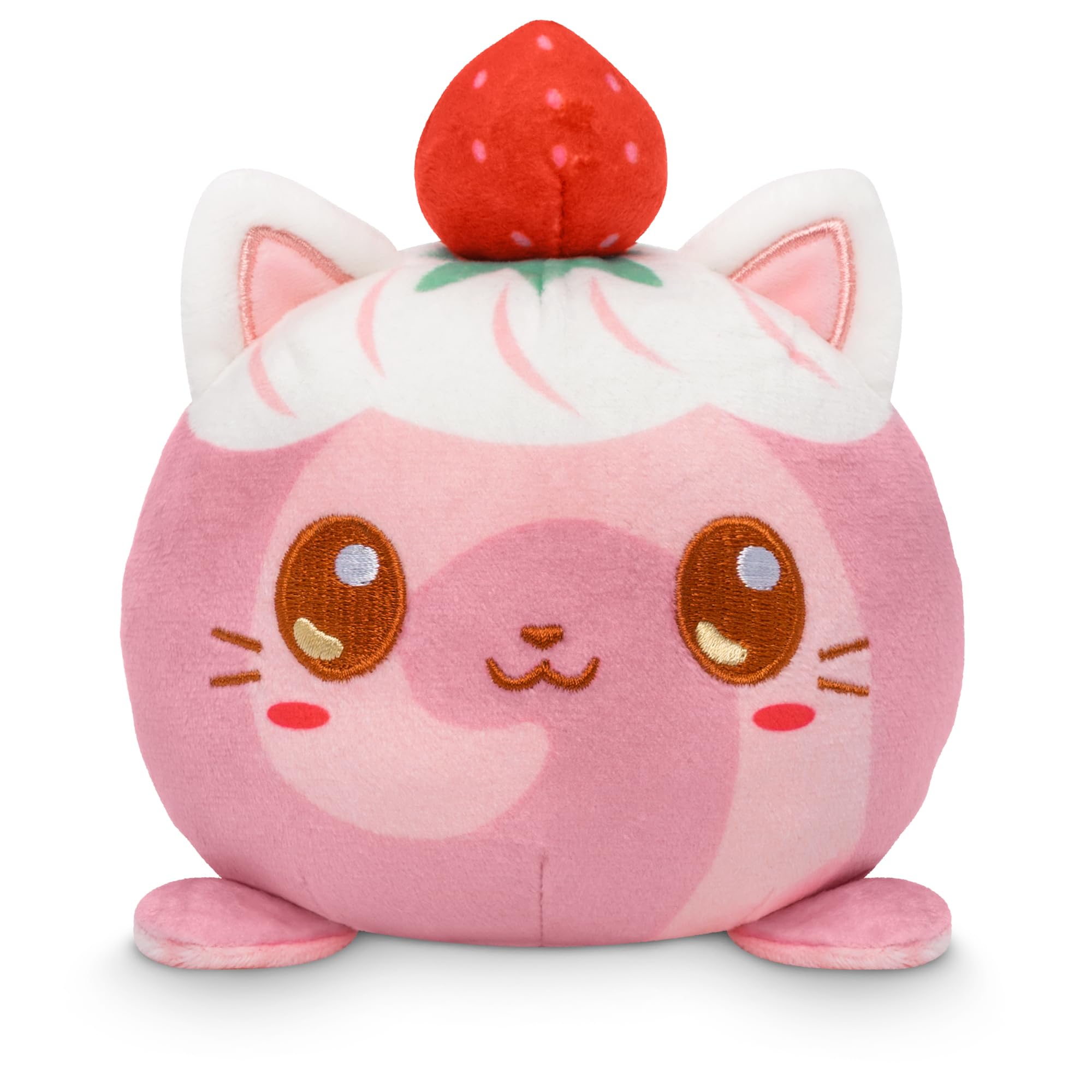 TeeTurtle Reversible Strawberry Cake Scented Cat Plushie - 4-Inch Two-Sided Flip Plush Toy with Embroidered Details - Cute Mini Collectible Plush for Kids, Teens, and Adults