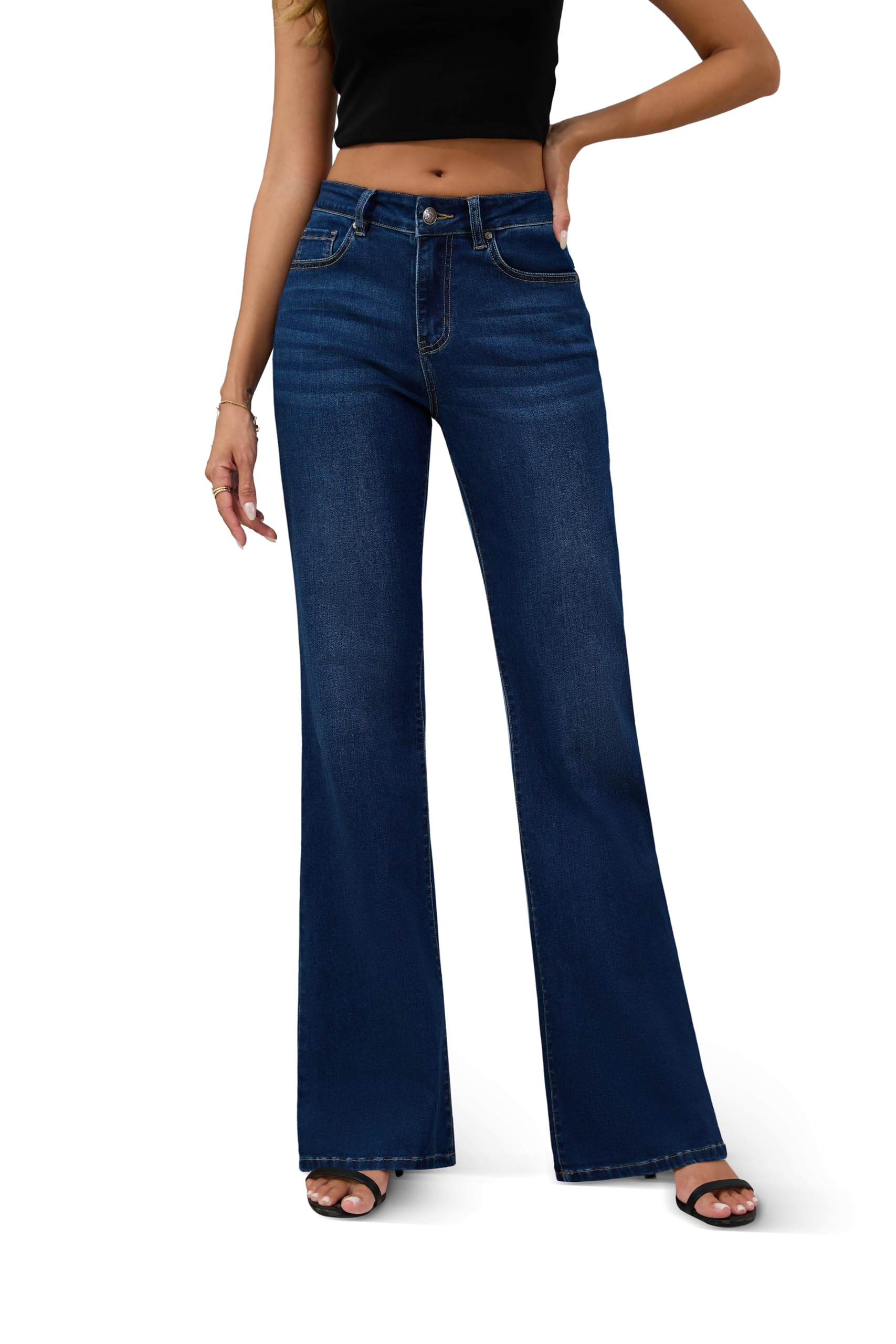 FLYING BANANA Women's High Rise Wide Leg Baggy Stretchy Loose Flare Bell Bottom Denim Jeans (Dark Blue, 8 Long)