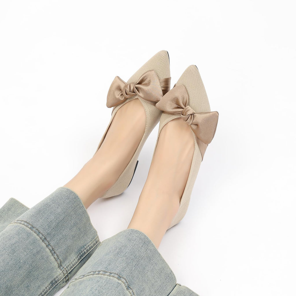 Semwiss Pointed Toe Ballet Flats for Women Slip On Comfortable Flats with Bow Dressy Casual Work Shoes Beige Size 8