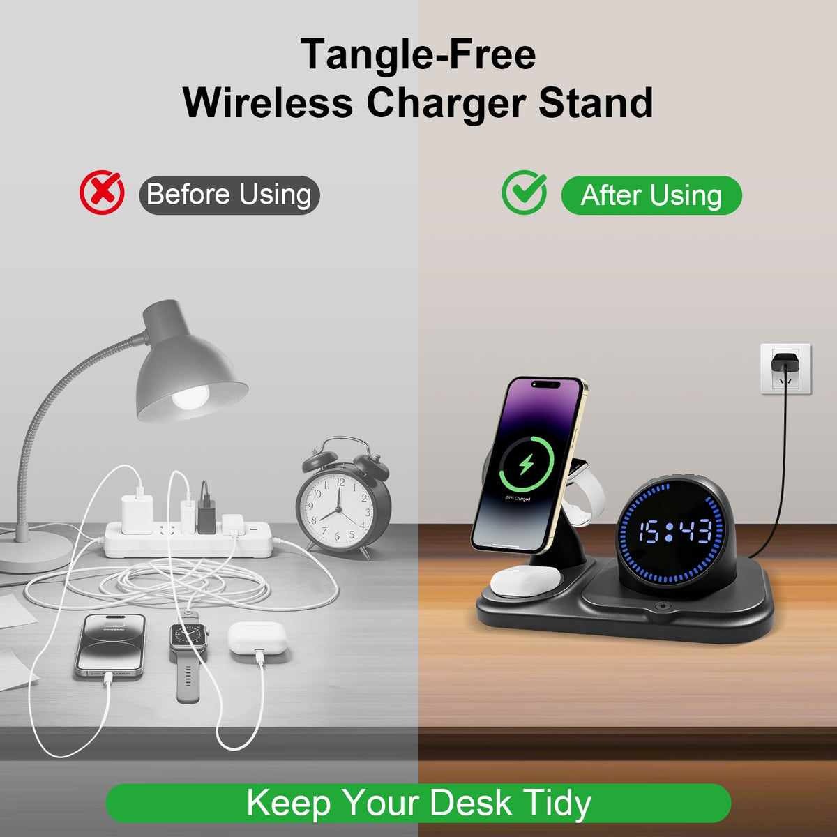 6-in-1 Wireless Charging Station with Bluetooth Speaker,Digital Clock and Ambient Lights,Fast Wireless Charger for Multiple Devices for Apple - iPhone 17 16 15 14 13 12 Pro Max Apple Watch Airpods