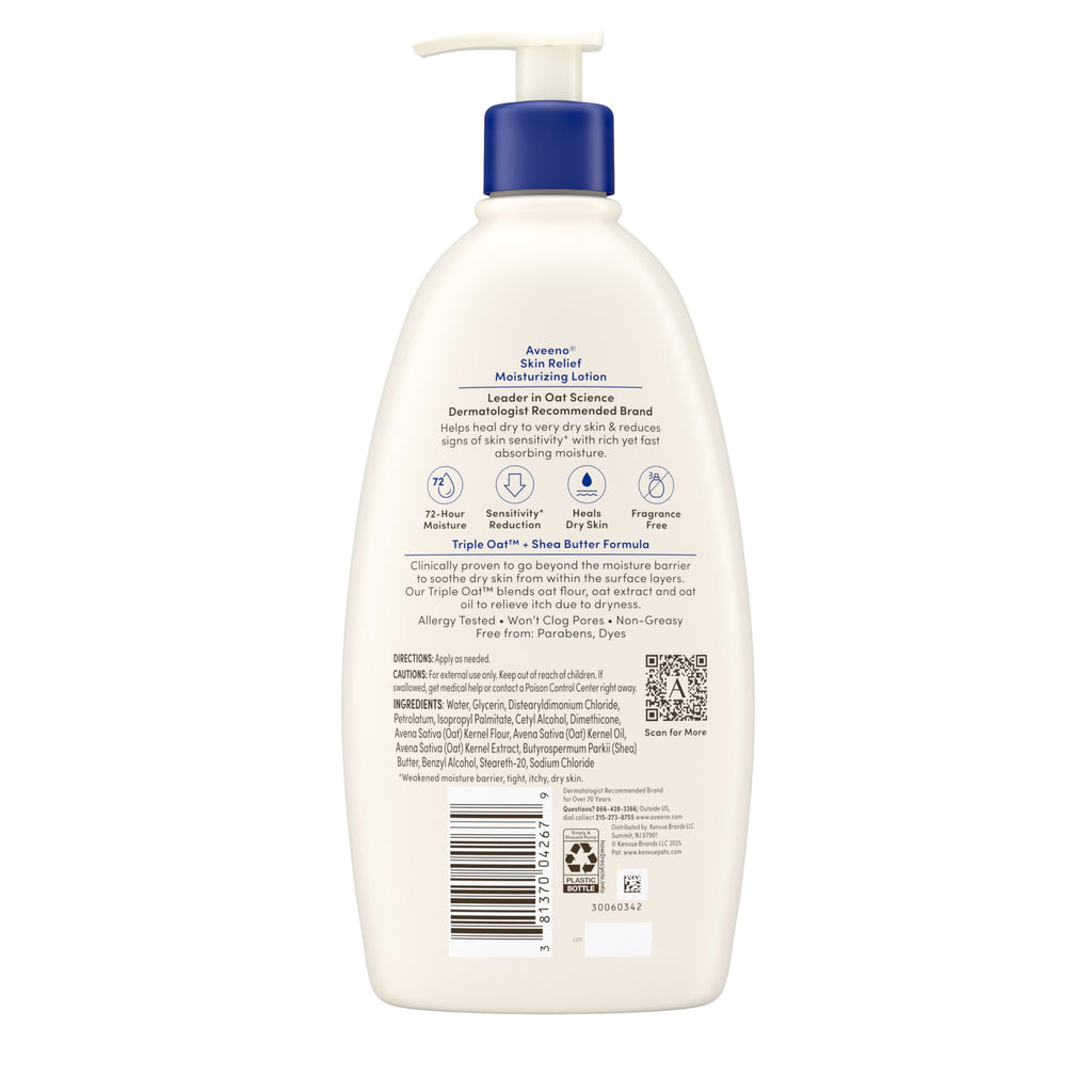 Aveeno Skin Relief Moisturizing Lotion Heals Very Dry, Sensitive Skin, Fast-Absorbing Body Lotion with Soothing Triple Oat & Shea Butter Formula, Fragrance Free, Non-Comedogenic, 18 fl. oz
