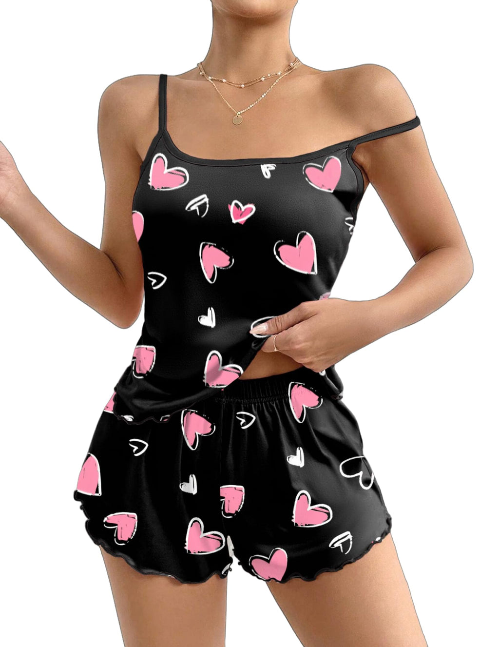 Ekouaer Womens Cami Pajama Sets 2 Piece Cute Print Pjs Soft Tank Top & Elastic Waist Shorts Camisole Lounge Set Pink Heart L