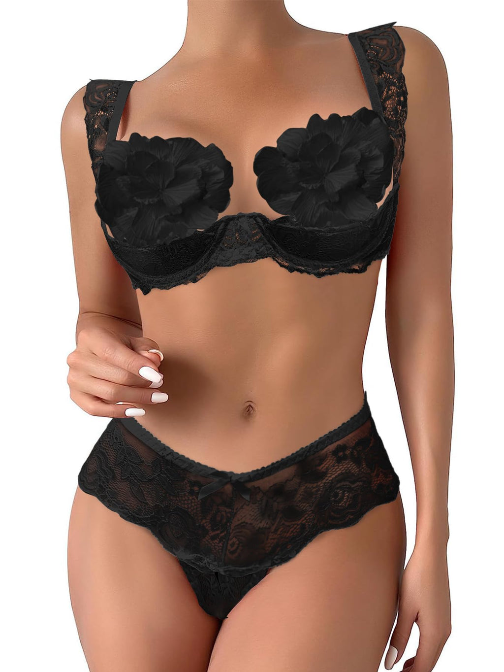 Lilosy Petite Underwire Floral Lace Lingerie Set for Women Bra and Panty 2 Piece Push Up Black 3X-Small