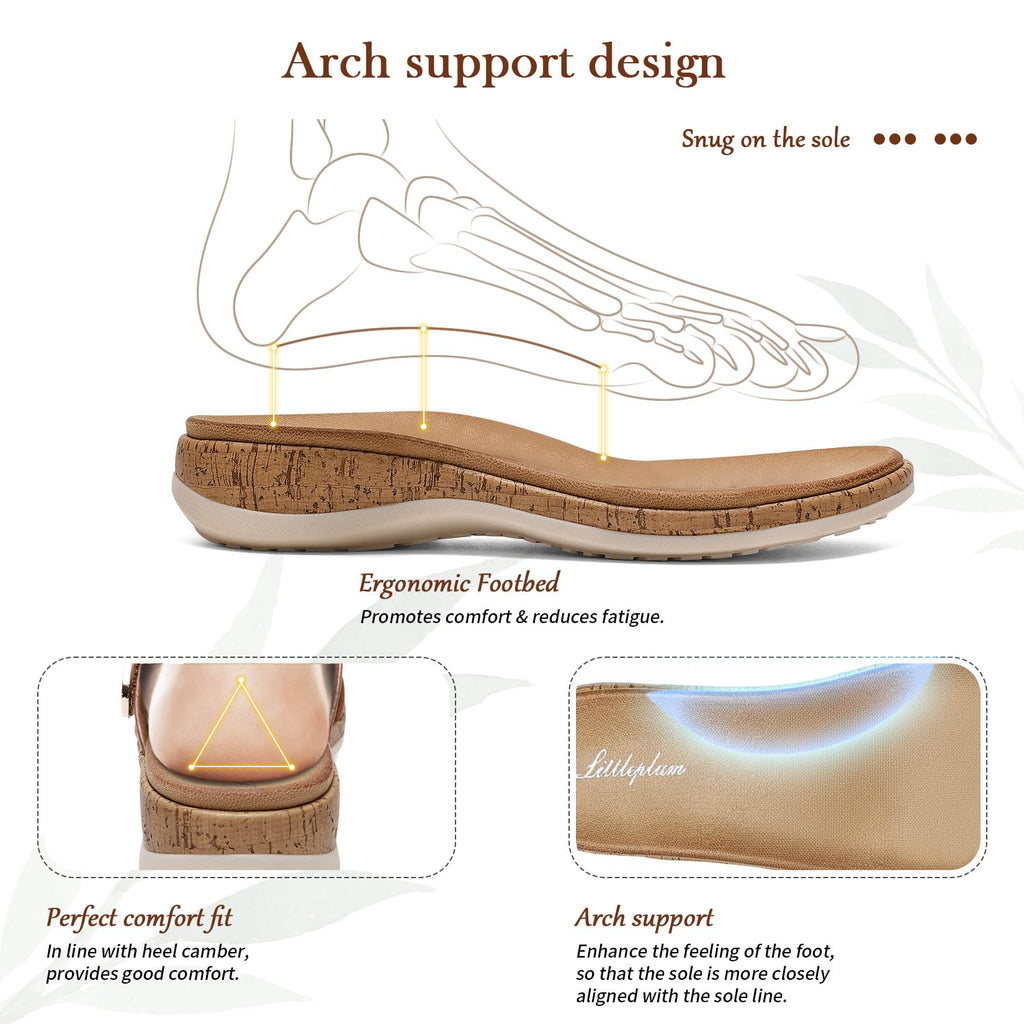 Littleplum Women's Flat Sandals– Comfortable Arch Support Womens Sandals, Summer Breathable Adjustable Orthotic Walking Shoes for Beach,Travel Brown Size 7.5