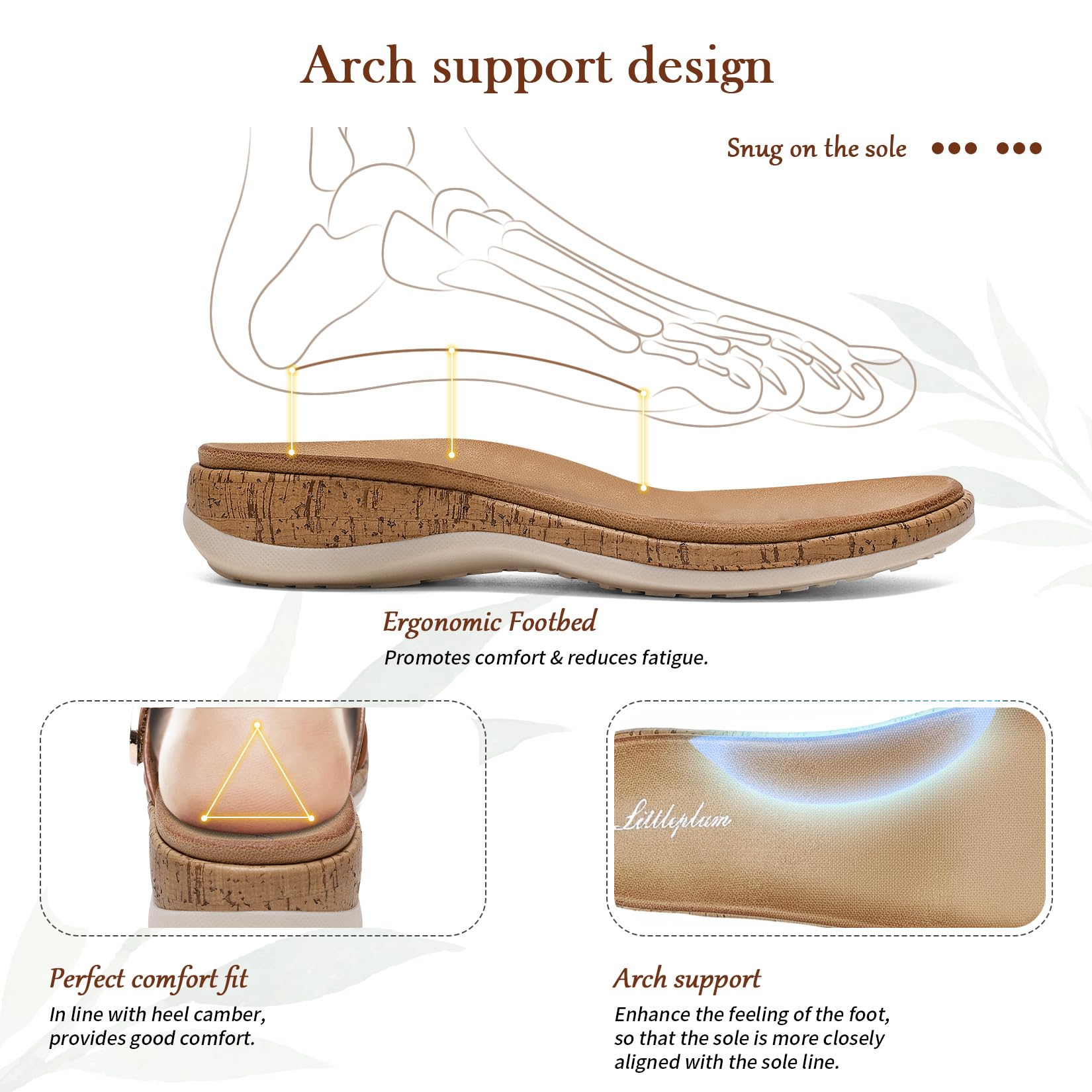 Littleplum Women's Flat Sandals– Comfortable Arch Support Womens Sandals, Summer Breathable Adjustable Orthotic Walking Shoes for Beach,Travel Brown Size 7.5