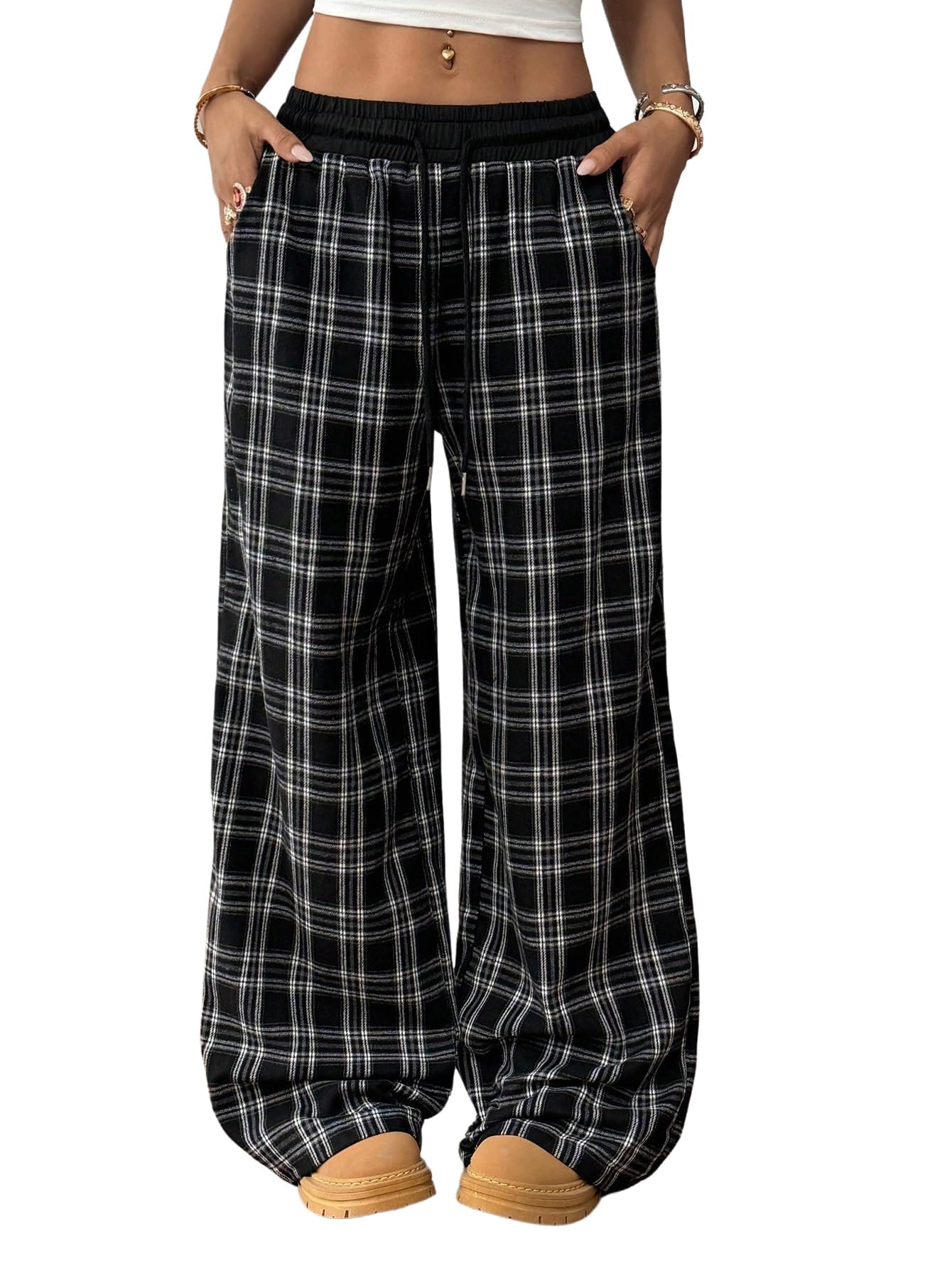 WDIRARA Girl's Plaid Elastic Waist Pants Wide Leg Long Baggy Pants with Pockets Black Vintage 15Y