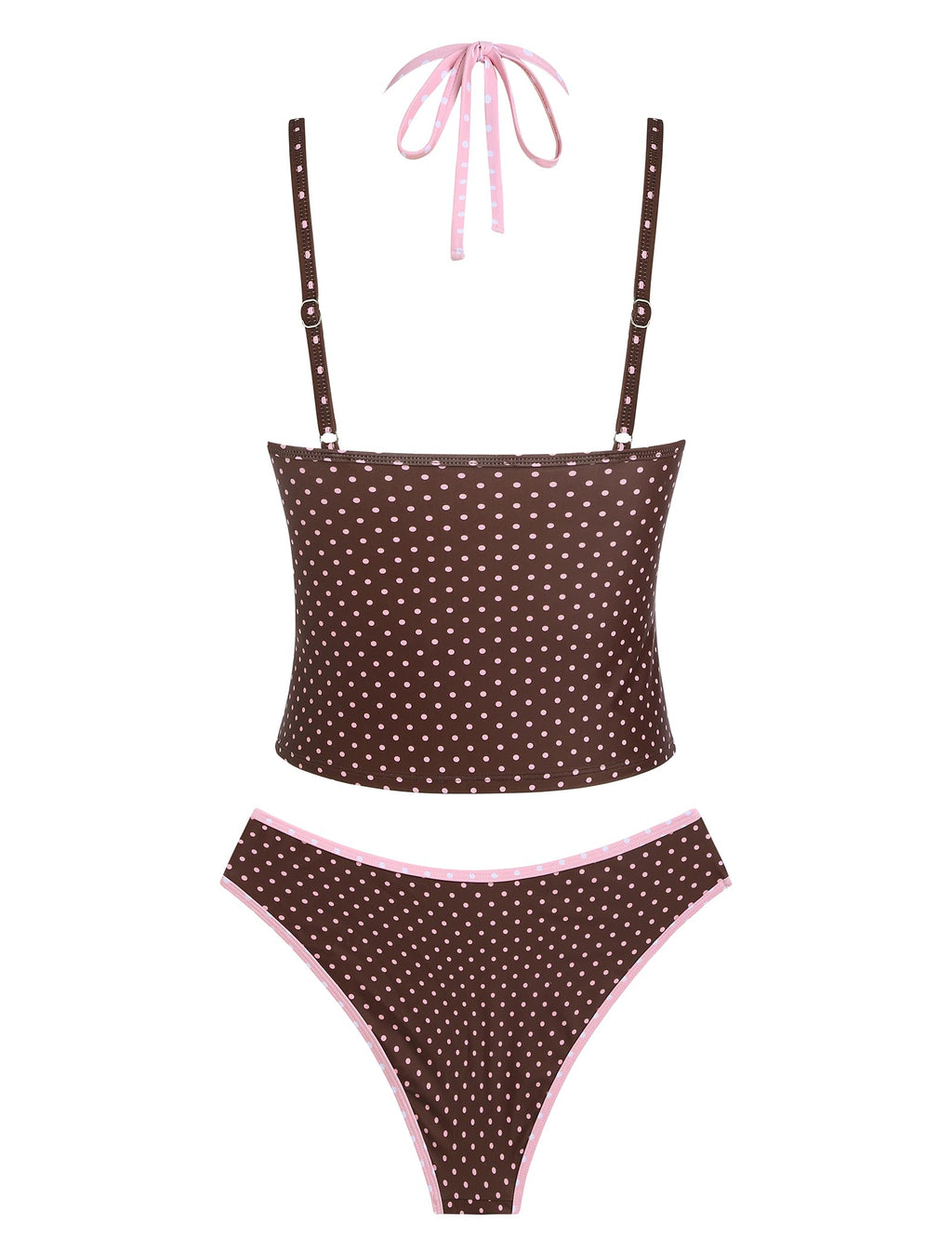 ZAFUL Women Double Layer Tankini Set Halter Color Block Swimsuit Tummy Control Two Piece Bathing Suit 1-Brown Polka Dots S