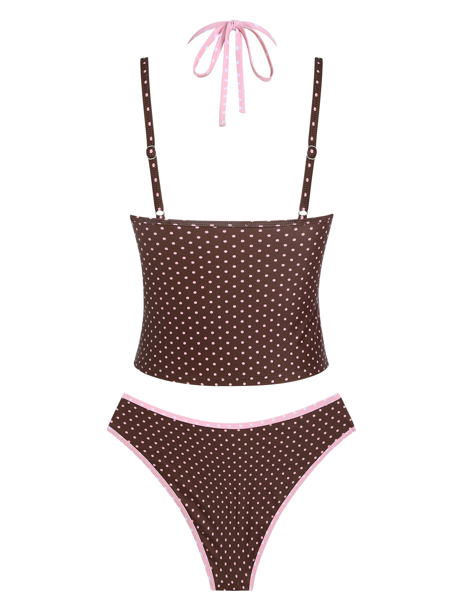 ZAFUL Women Double Layer Tankini Set Halter Color Block Swimsuit Tummy Control Two Piece Bathing Suit 1-Brown Polka Dots S