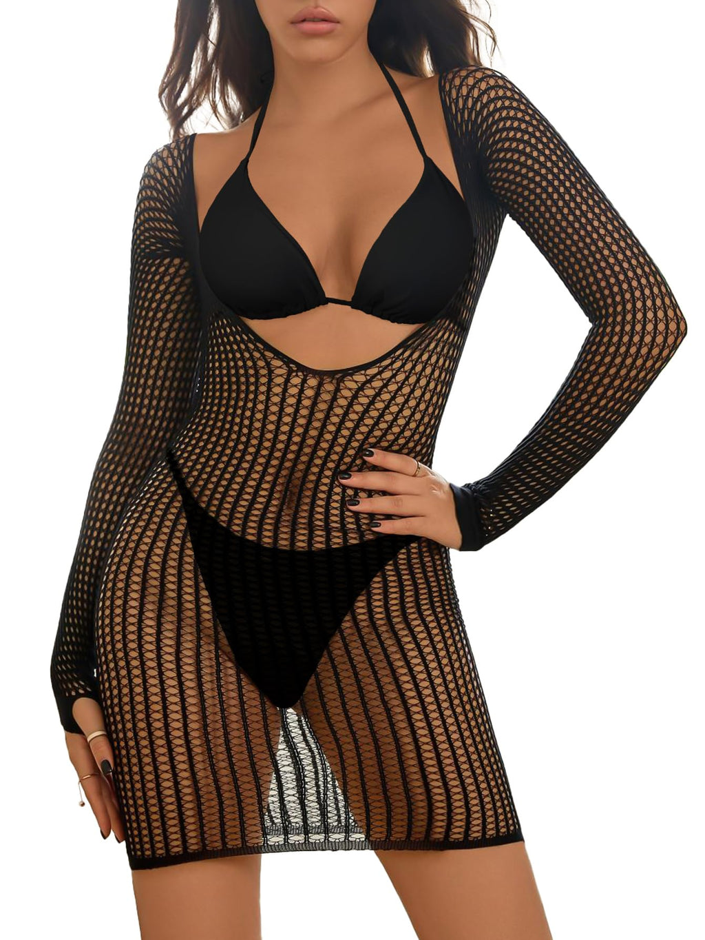 Lilosy Sexy Crochet Sheer Long Sleeve Cover Up Swim Bathing Suit Beach Dress One Piece See Through Women Swimwear Fishnet Black Medium