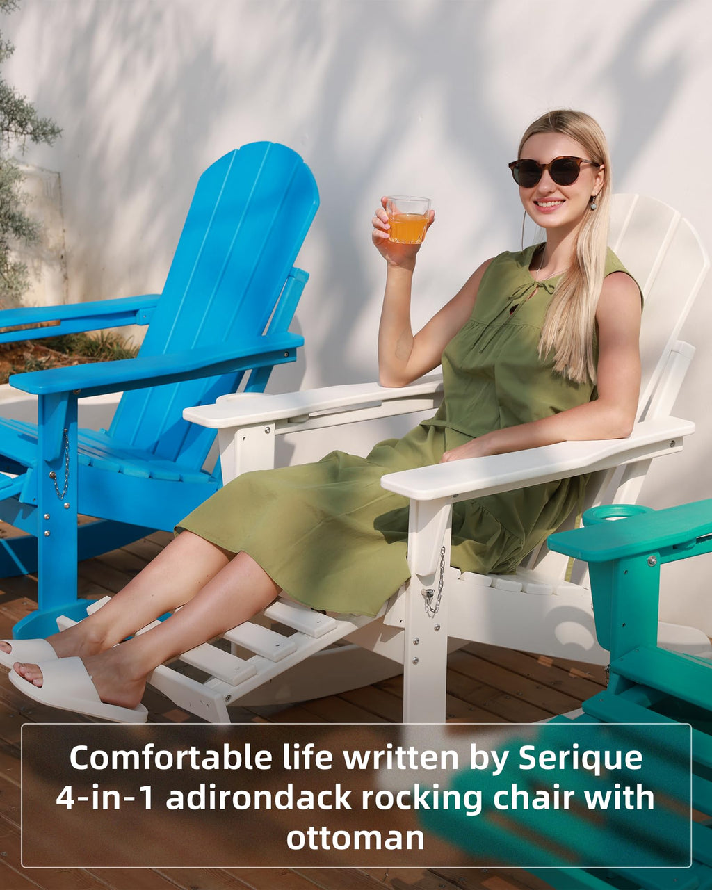 Serique Folding Adirondack Rocking Chair,4-in-1 Multifunctional Patio Chair with Retractable Ottoman, Outdoor Chair Wood Texture, Lawn Chair for Porch, Backyard, Pool(Grey)
