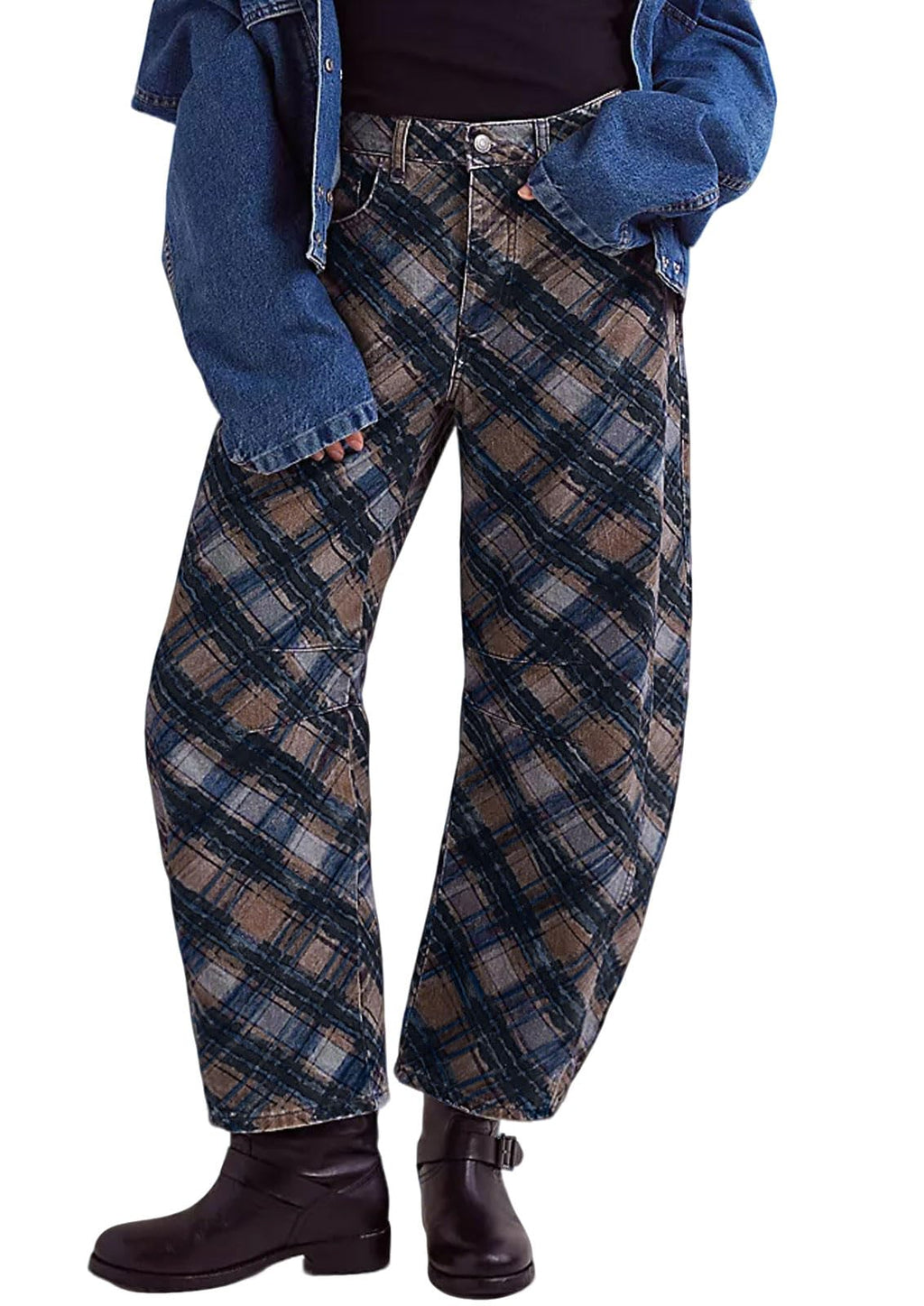 loveimgs Women Boyfriend Baggy Barrel Jeans Floral Print Denim Ankle Pants Wide Leg Mid Rise Jeans Sweatpants Y2k Patchwork (Small,Plaid)