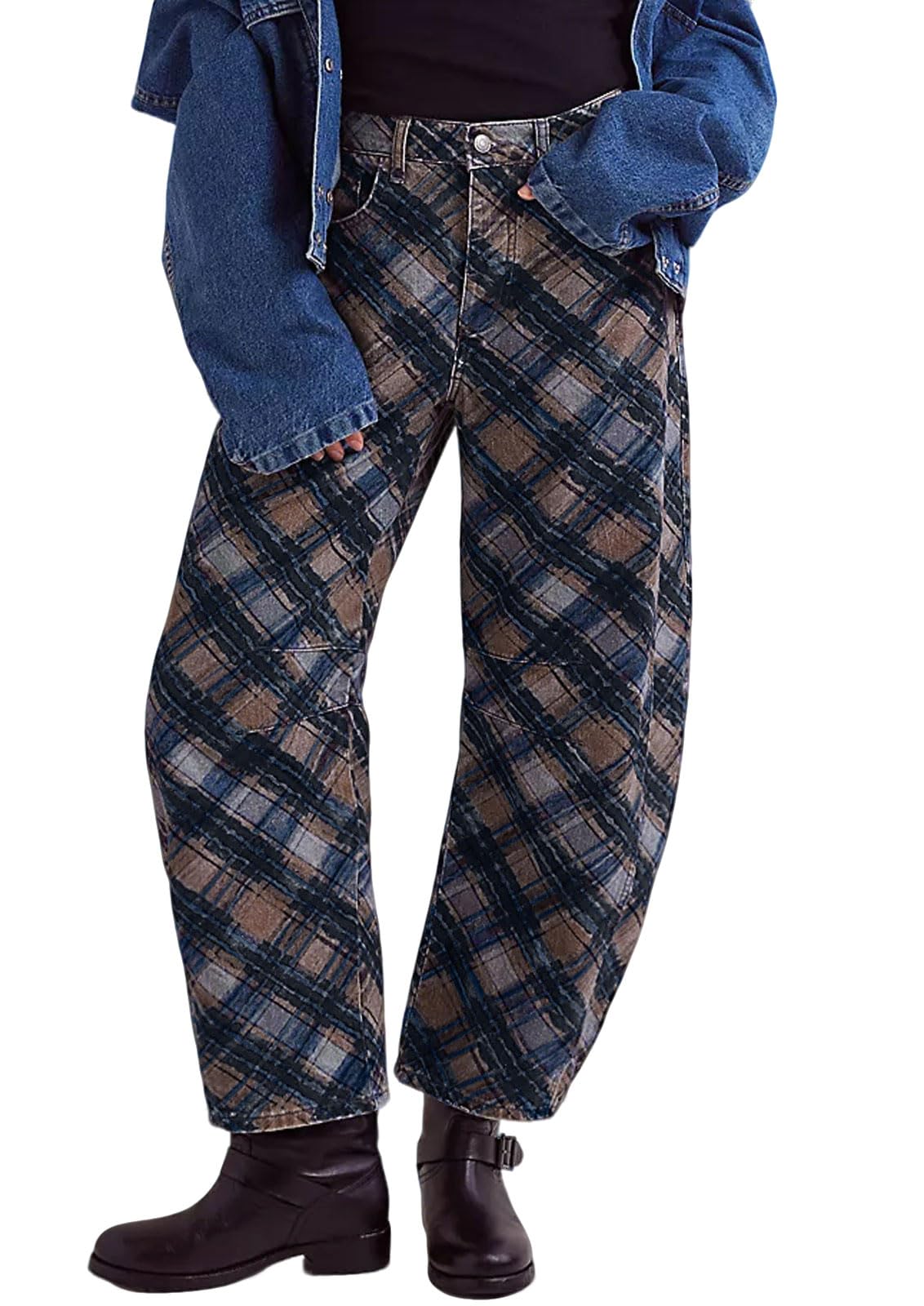 loveimgs Women Boyfriend Baggy Barrel Jeans Floral Print Denim Ankle Pants Wide Leg Mid Rise Jeans Sweatpants Y2k Patchwork (Small,Plaid)