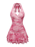 WDIRARA Women's Y2k Leopard Print Halter Dress Tie Backless Layered Ruffle Hem Mini Dresses Pink Flower Large