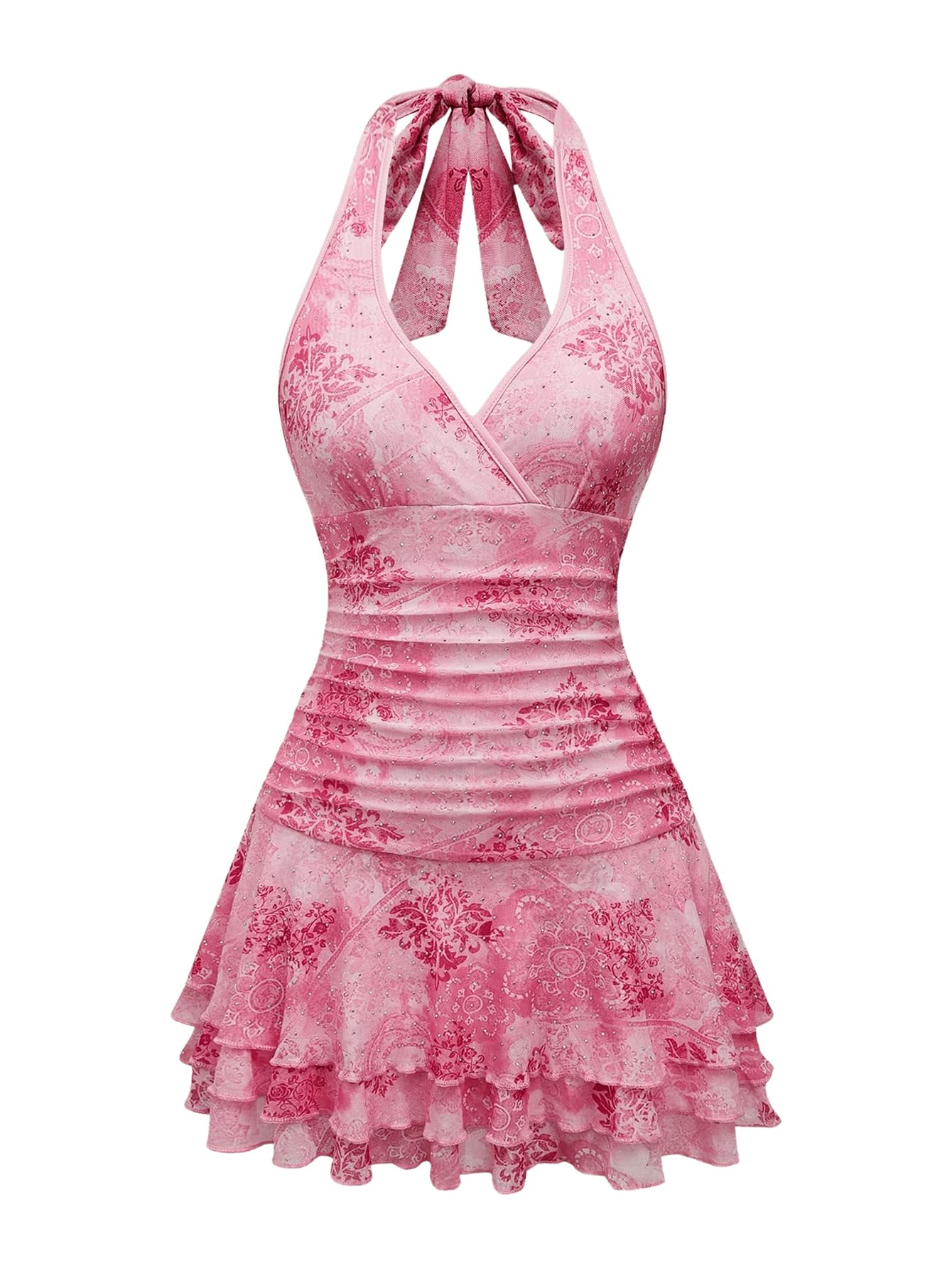 WDIRARA Women's Y2k Leopard Print Halter Dress Tie Backless Layered Ruffle Hem Mini Dresses Pink Flower Large
