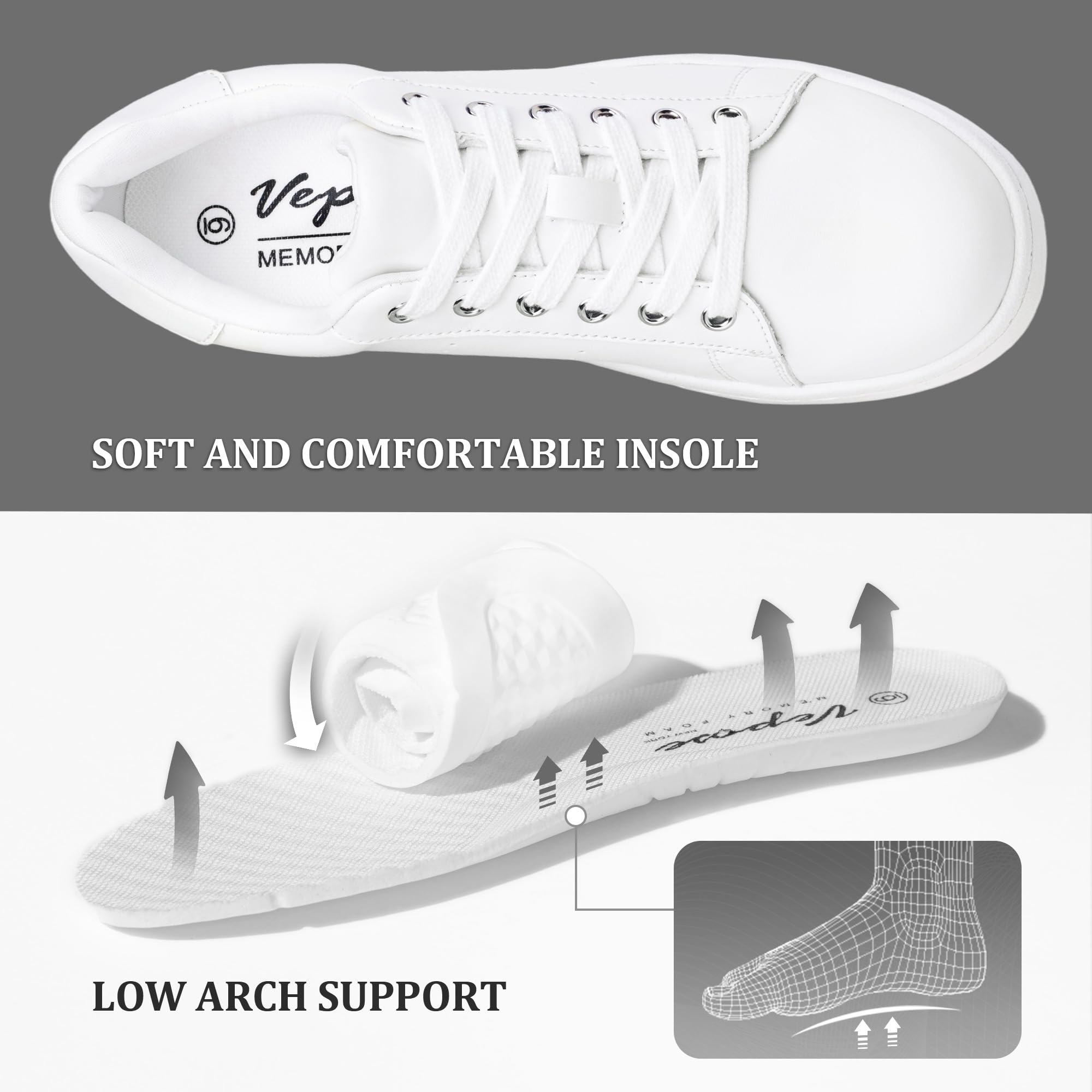 Vepose White Women's Casual Fashion Sneakers Memory Foam Cute Tennis Shoes Low Top Lace Up Comfortable Walking Footwear for Everyday Work Travel, Size 08.5 (8002 White 08.5)