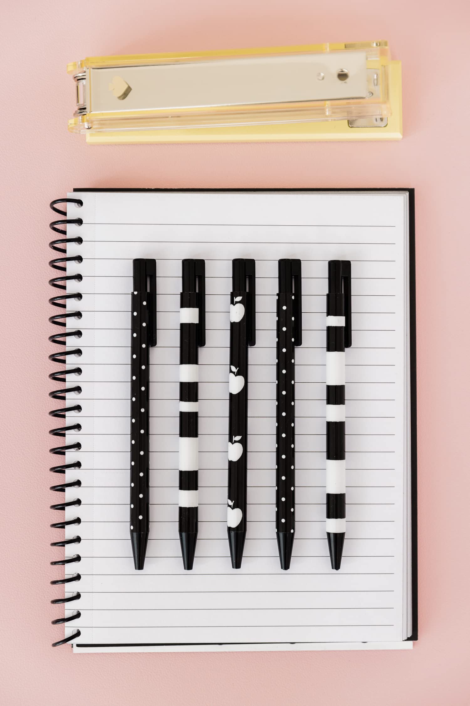 Kate Spade New York Black Ink Pen Set of 5, Cute Plastic Click Pens, Dots and Stripes