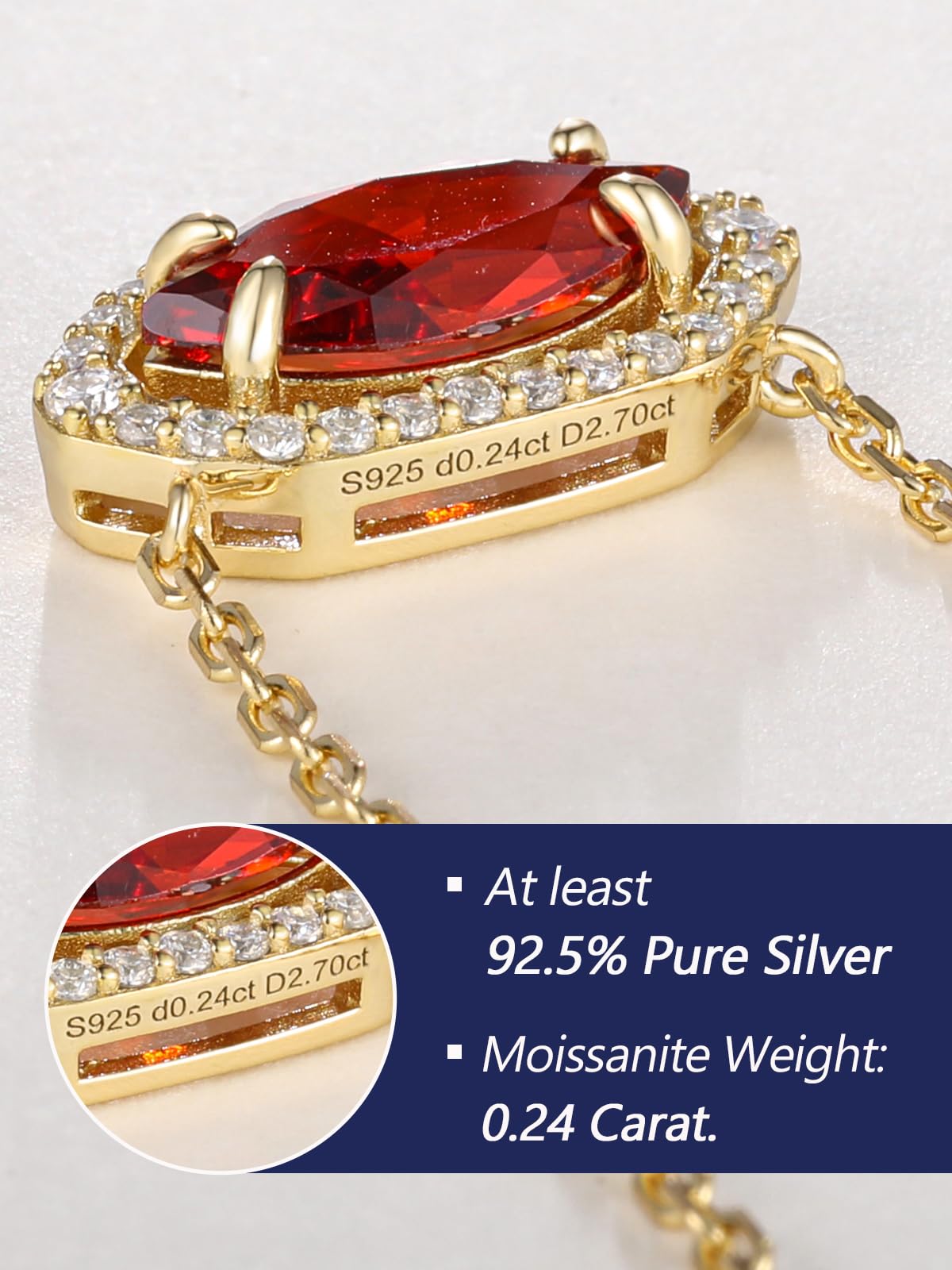 CYW Red Stone Marquise Garnet Gold Moissanite Necklace for Women 925 Sterling Silver