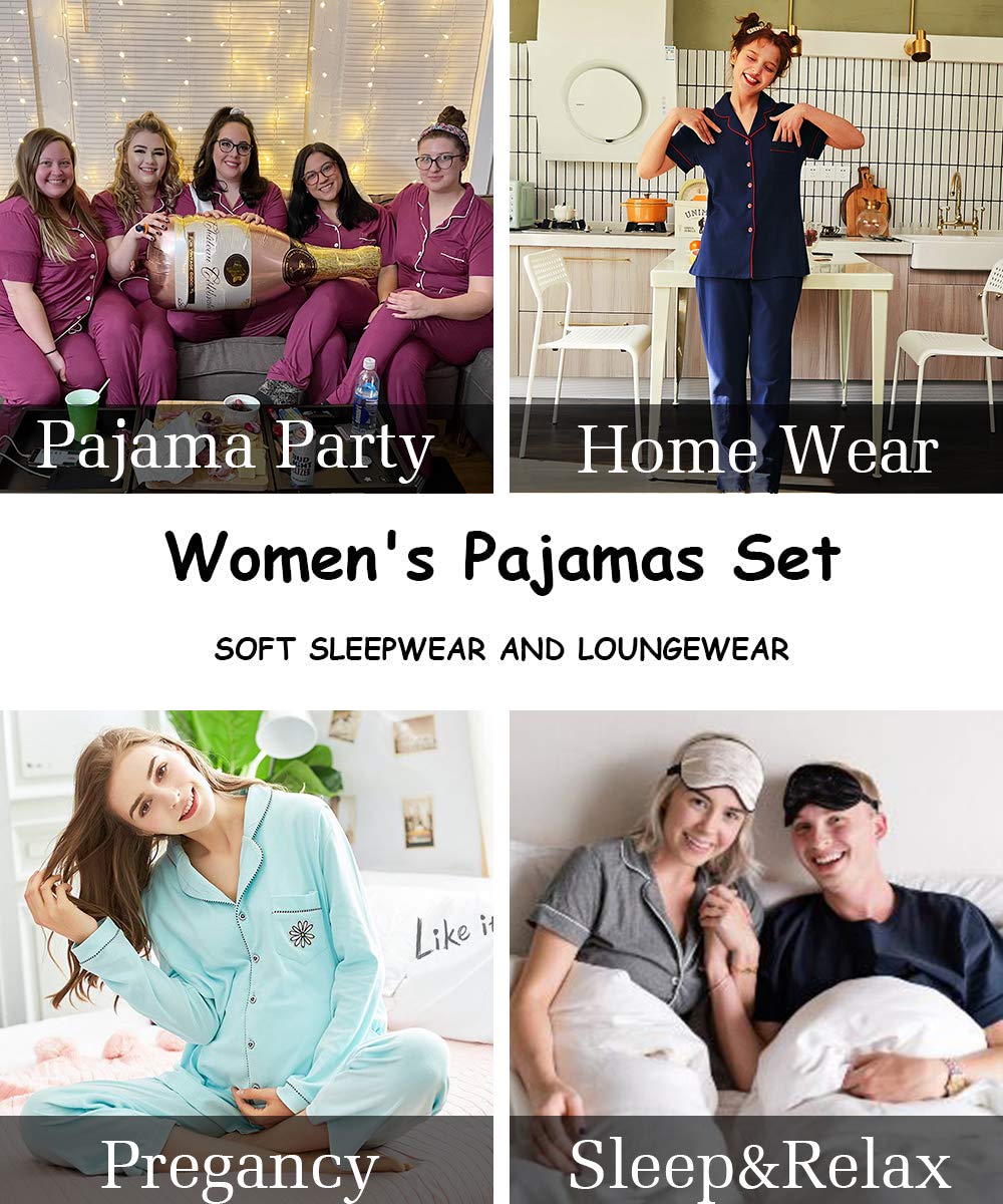 SWOMOG Women Pajama Sets Two-Piece Nightwear Short Sleeve Sleepwear Button Down Pj Lounge Sets with Long Pants Black
