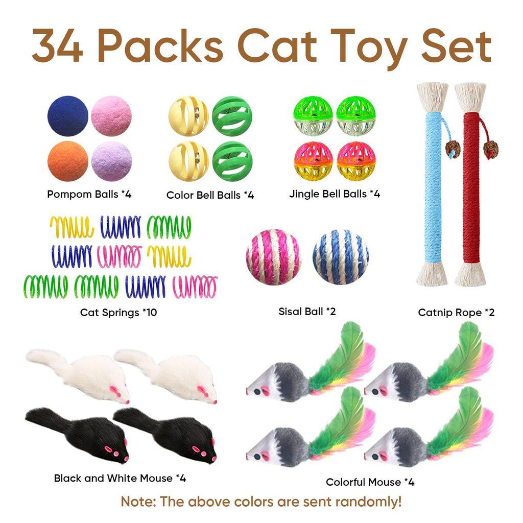 YULOYI Cat Toys for Indoor Cats, 34 Packs Interactive Cat Toy Set with Colorful Springs Toys, Mouse Toy, Catnip Ropes, Balls, Bells, and Sisal Ball for Kittens