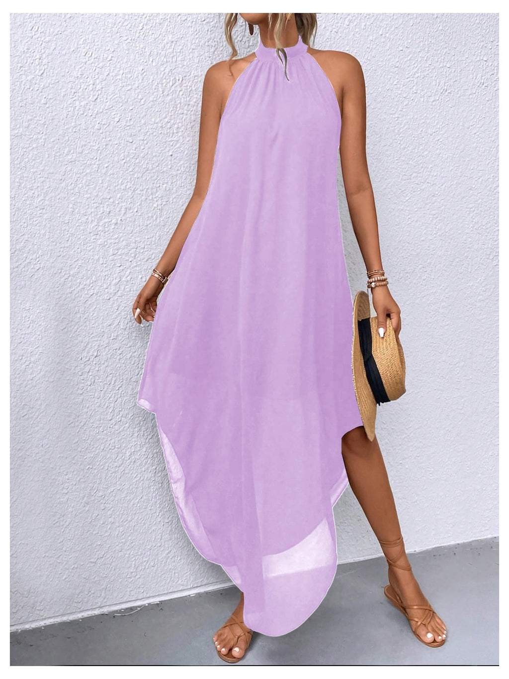 Verdusa Women's Wedding Guest Dress Halter Flowy Chiffon Asymmetrical Long Summer Prom Dress Mauve Purple Large