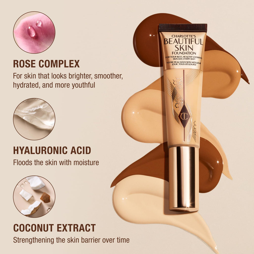 Charlotte Tilbury Beautiful Skin Medium Coverage Hydrating Foundation - Buildable Liquid Makeup for Instant Glow, Plumping Hydration & Lasting Skincare Benefits - 10 Warm