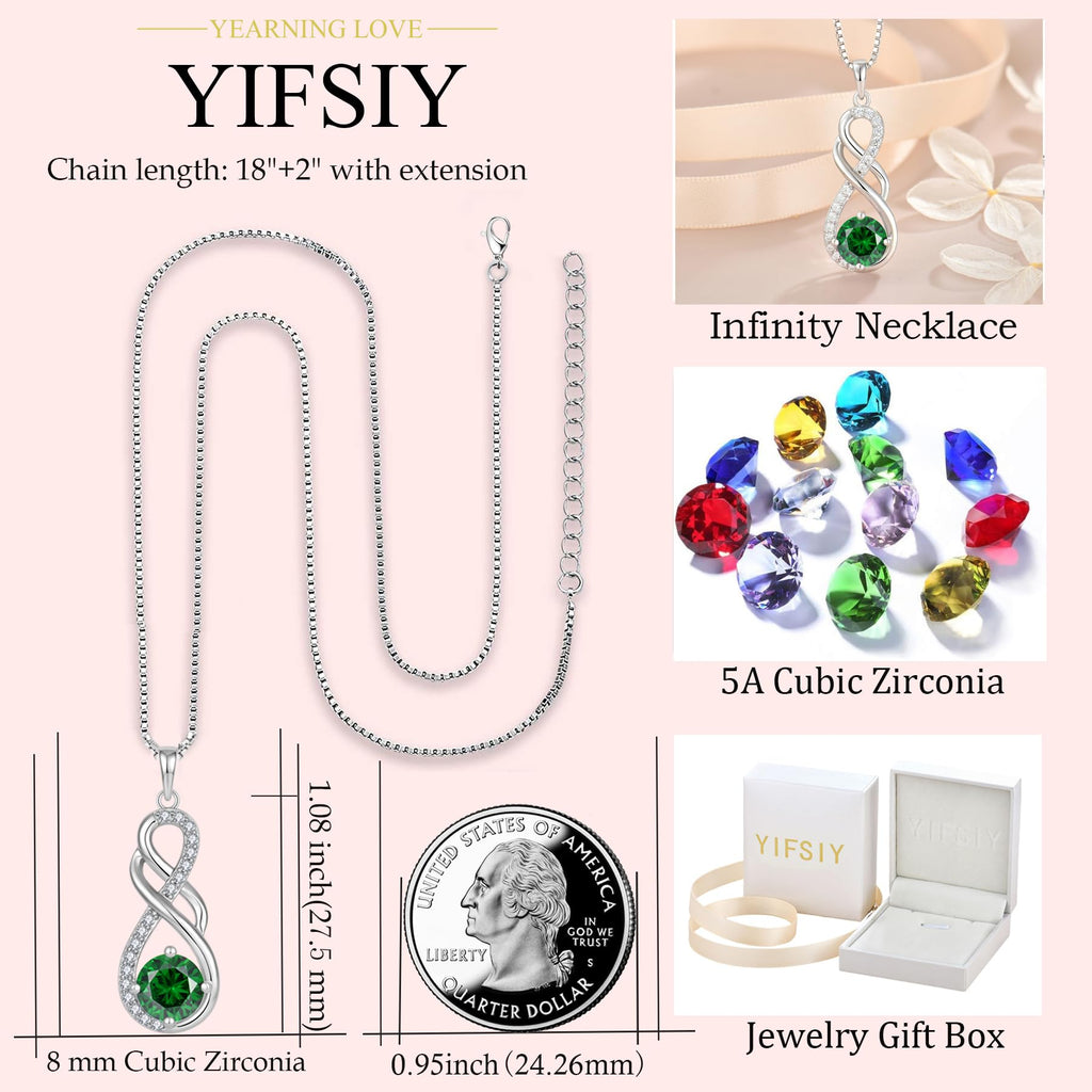 YIFSIY Gemstone Infinity Pendant Necklaces for Women, S925 Sterling Silver Round cut Created Emerald Necklace May Birthstone Jewelry Gift for Her