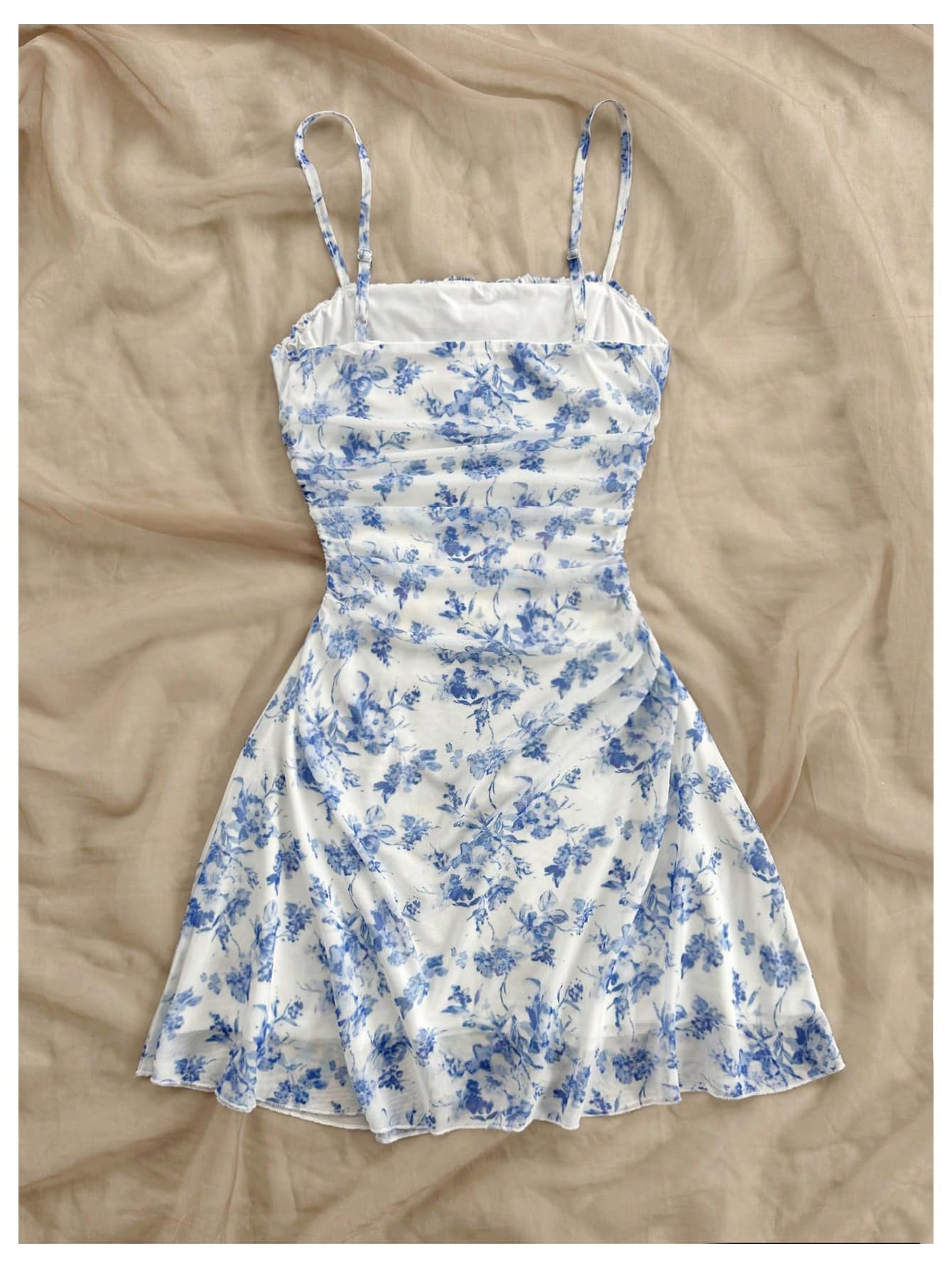 WDIRARA Women's Floral Print Ruched Cami Dress Spaghetti Strap Ruffle Hem Mesh Mini Dress Blue and White X-Small