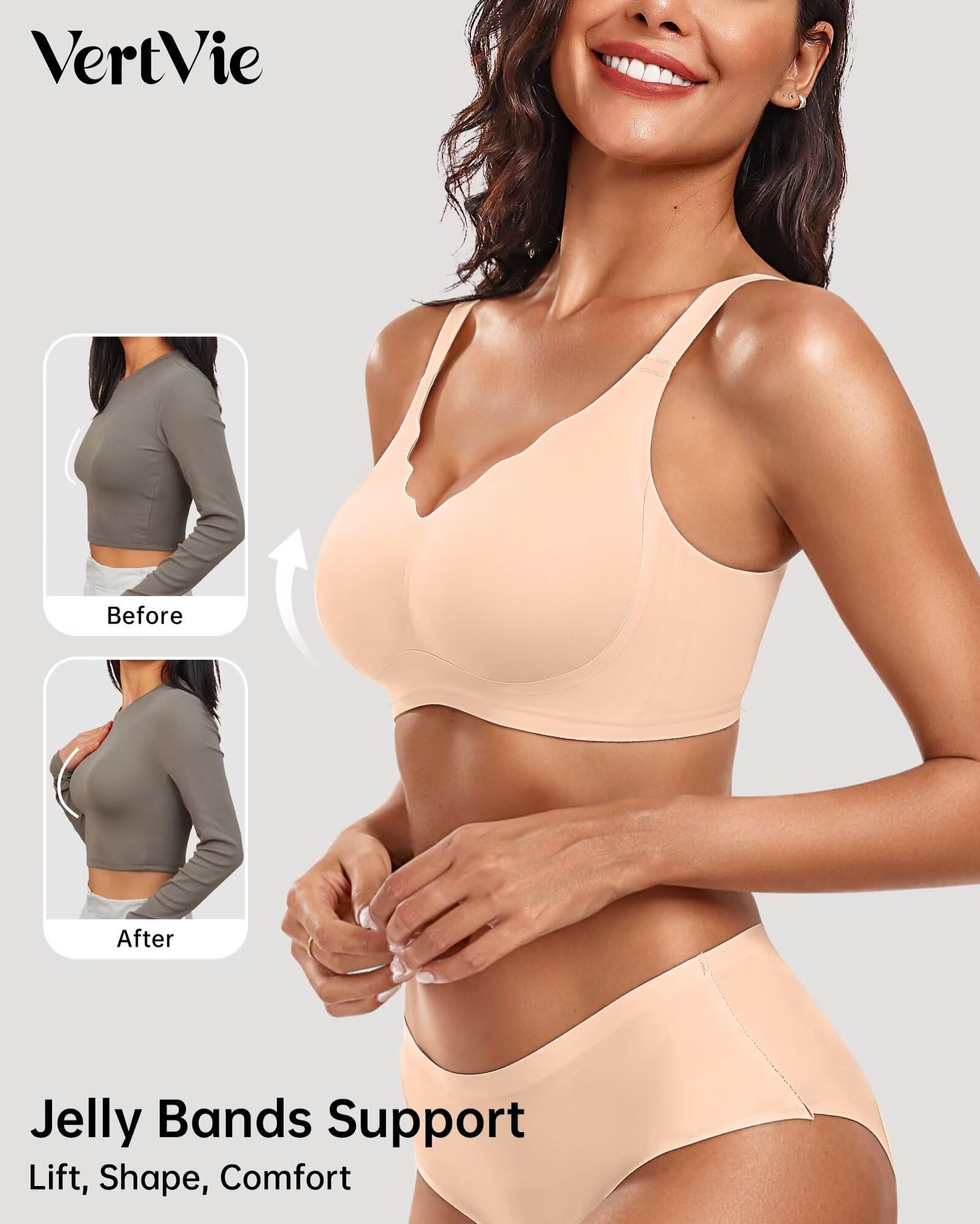 Vertvie Women Seamless Jelly Bras No Underwire Supportive Wireless Push Up Full Coverage Bralette Comfy Scalloped T-Shirt Bra(Nude,X-Large)