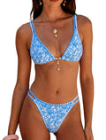 ZAFUL Women's Floral Bikini Set Color Block Double Spaghetti Strap High Cut Swimsuit Two Piece Bathing Suits(1-Blue, S)