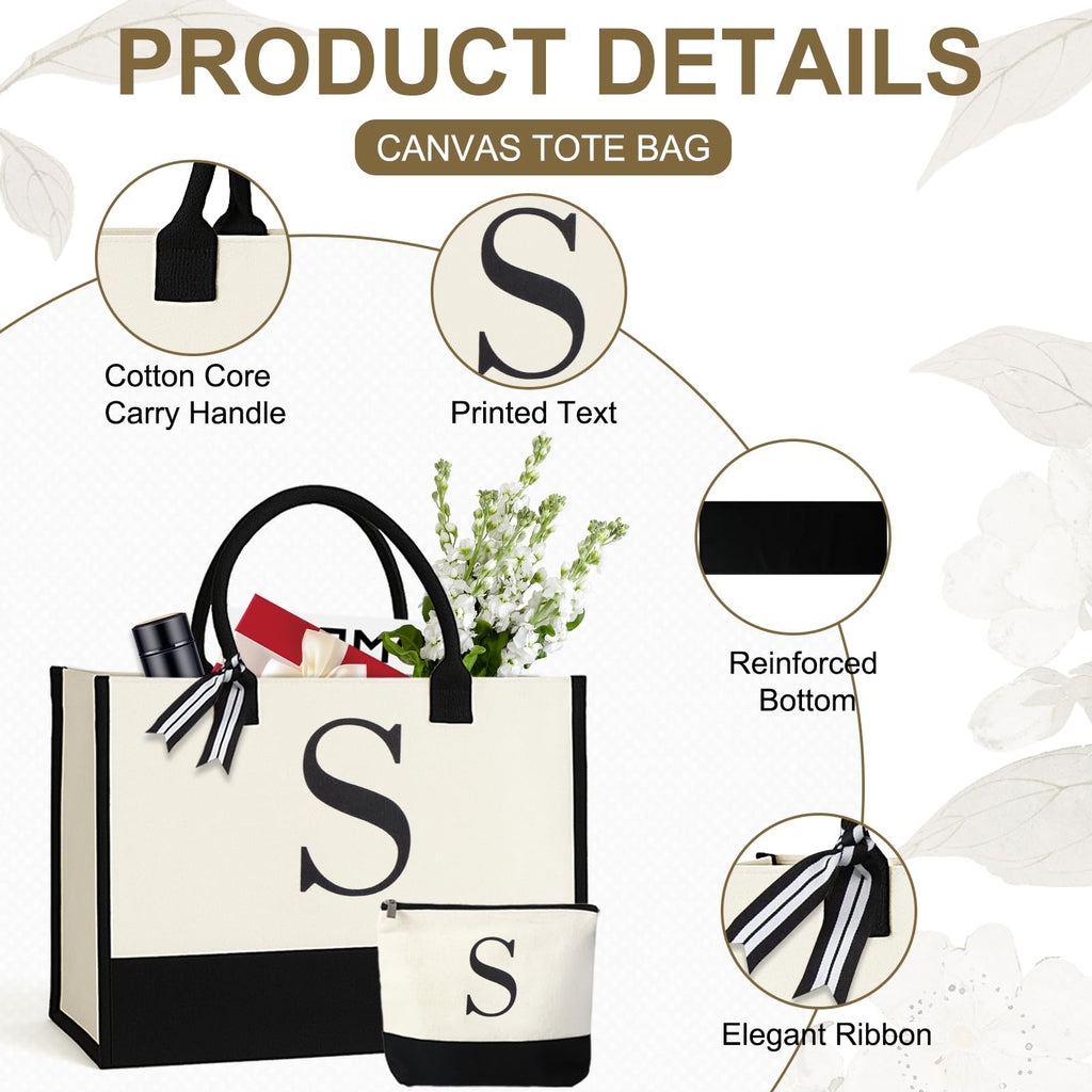 GENGBIN Personalized Canvas Tote Bag, Monogrammed Gift with Zipper Pouch for Women (S - with Cardboard Insert)
