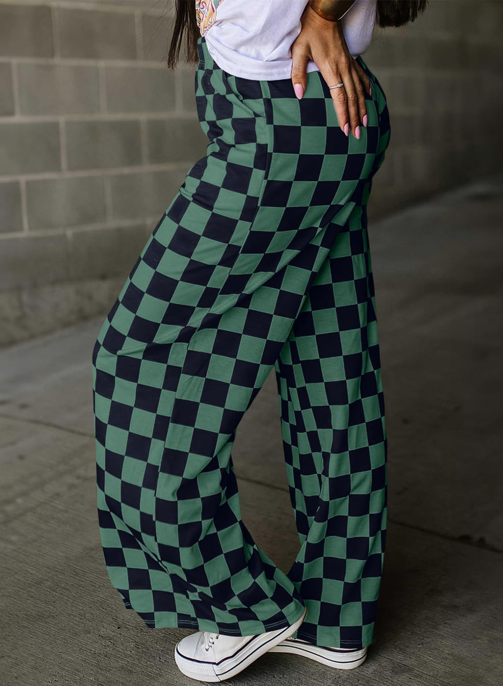 Acelitt Women's Casual Checkered Pants 2026 Spring Summer Lightweight Elastic Waist Comfy Loose Wide Leg Plaid Beach Pants Trousers Vacation Outfits Green XX-Large