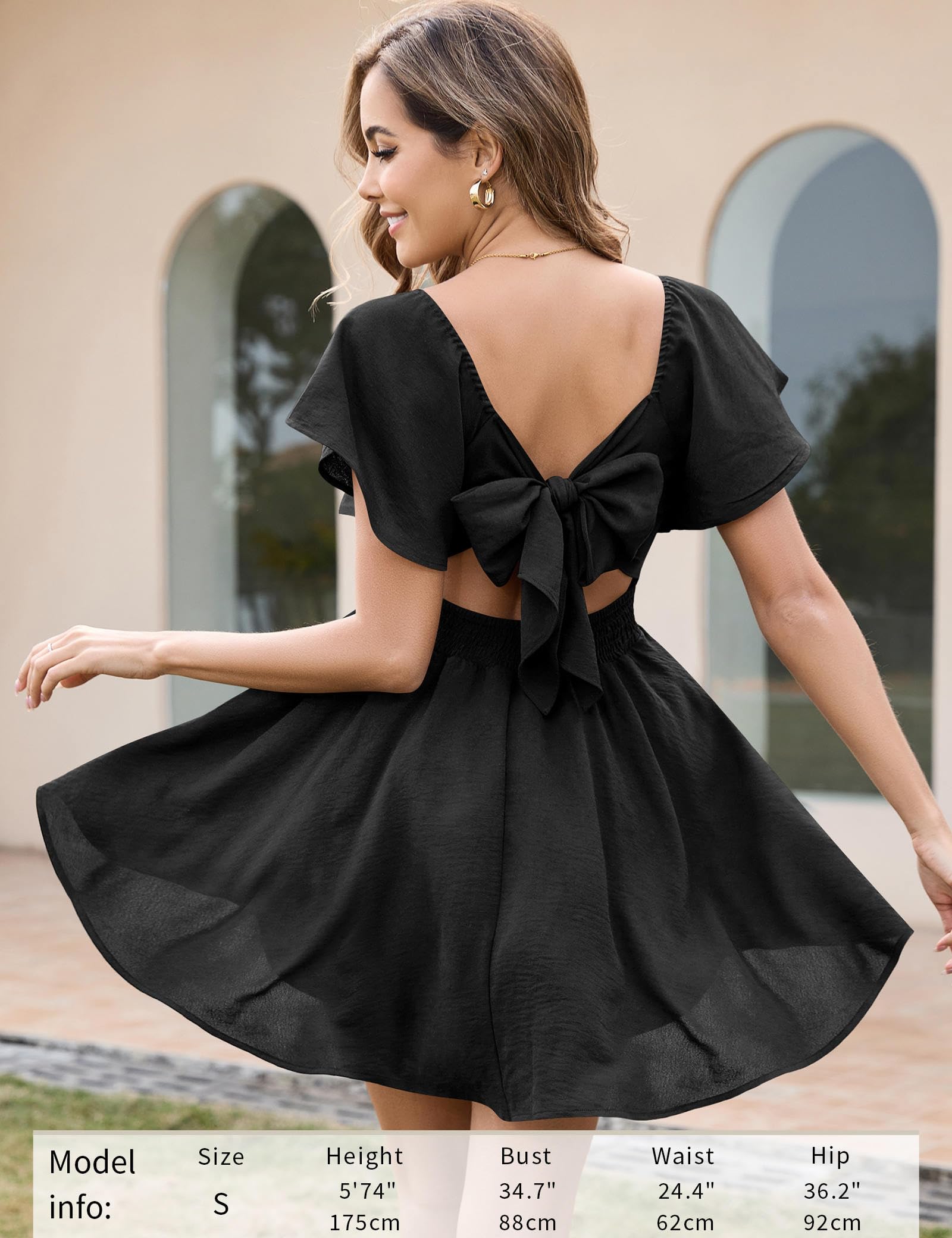 Florboom Women's Summer Sweetheart Neck Flutter Short Sleeve Sexy Mini Dresses Knot Front Chiffon Wedding Guest Flowy Dress (Black, S)