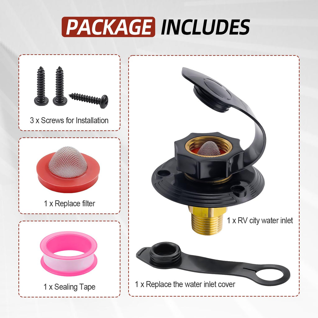 Mejiao RV City Water Inlet, 3/4" NH to 1/2" NPT Brass Water Fill Flange with Check Valve, RV Marine City Water Hookup for Camper and Trailer