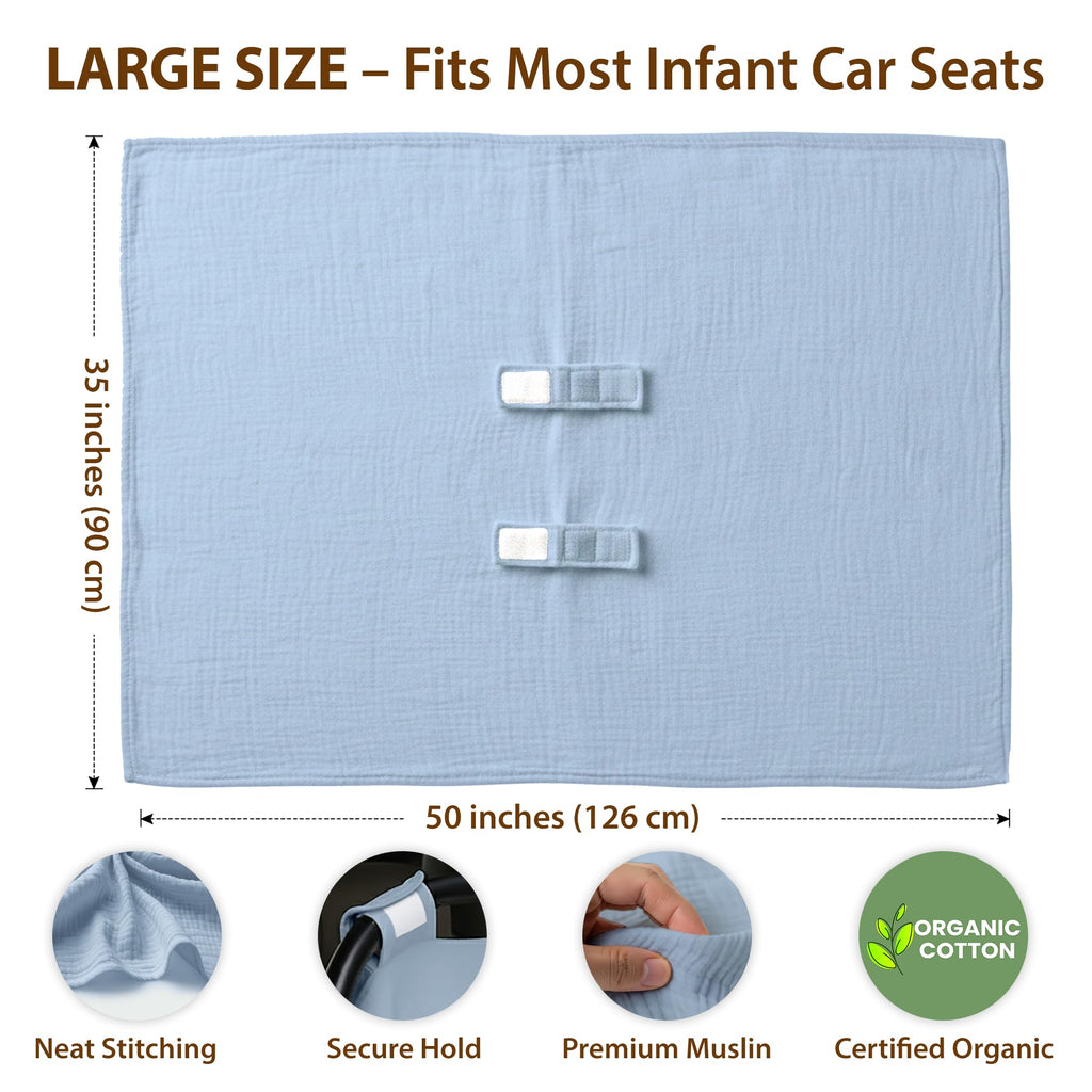 infancie 100% Organic Muslin Cotton Car Seat Cover 35 x 50 Inches Soft Touch Breathable Canopy, Protective Car Seat Cover Baby All Seasons Lightweight Car Seat Cover Travel Comfort (Blue)