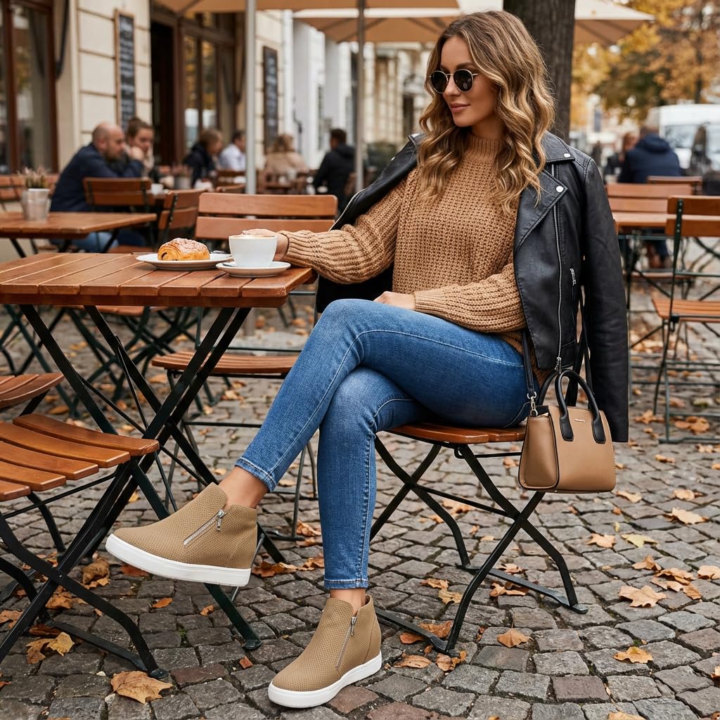 CUSHIONAIRE Hart Womens Casual Shoes with Dual Zippers- Lightweight Hidden Wedge Fashion Sneakers for Women, Taupe 8