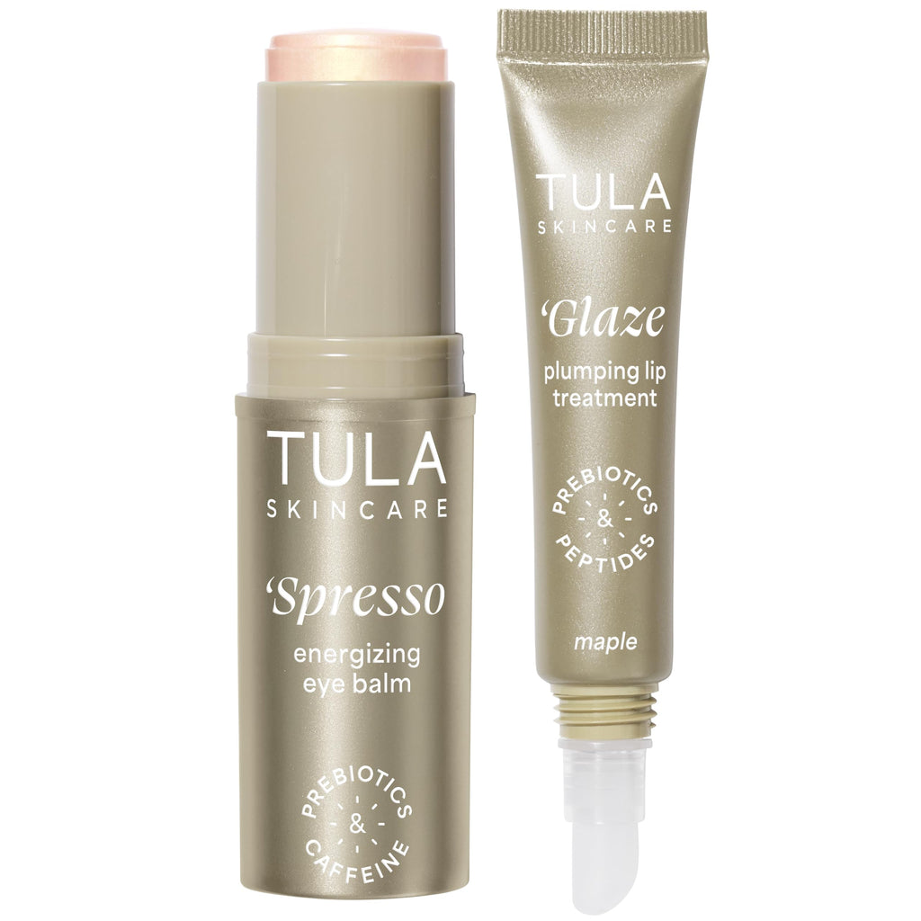 TULA Skin Care Golden Duo - Cappuccino Spresso Energizing Eye Balm 0.35 oz + Maple Glaze Plumping Lip Treatment 0.28 oz, 2-Piece Kit