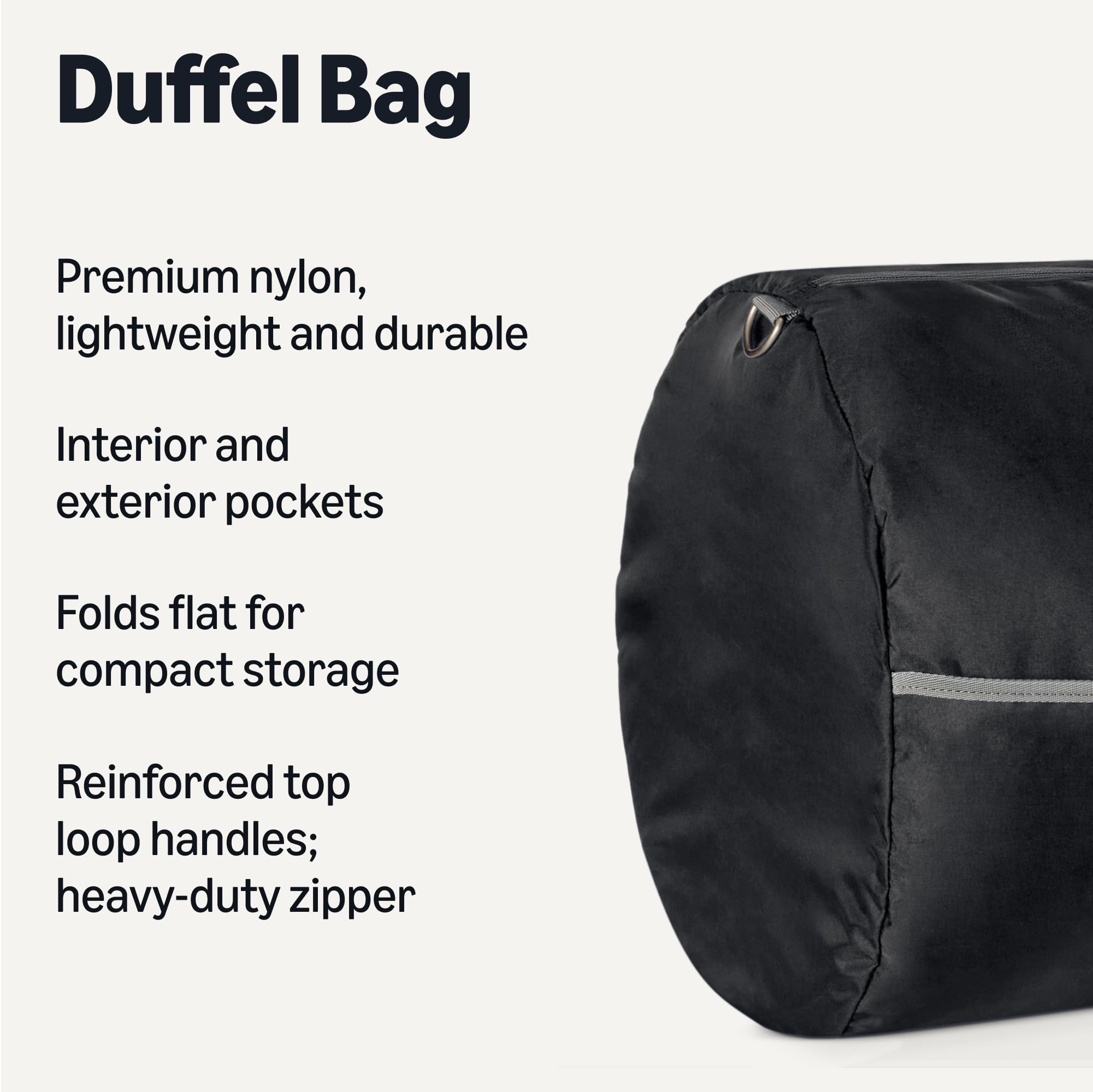 Amazon Essentials Extra Large Foldable Nylon Duffel Bag for Travel/Storage with Zippered Pockets, 32.4", 150L, 50-LBS Capacity, Black (Previously Amazon Basics)