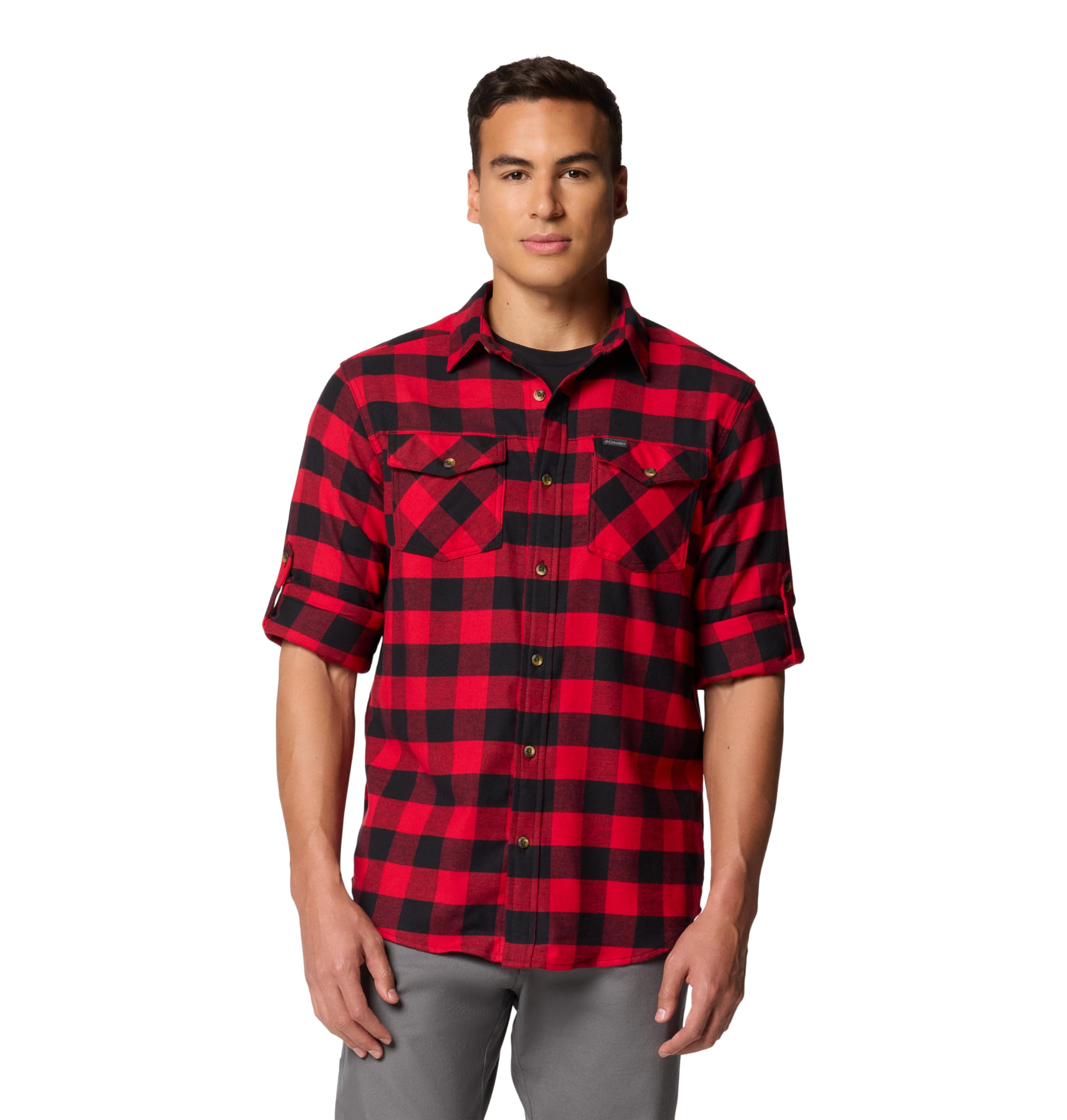 Columbia Men's Bearmouth Springs Roll Up Long Sleeve Flannel Shirt, Mountain Red Buffalo Check, X-Large