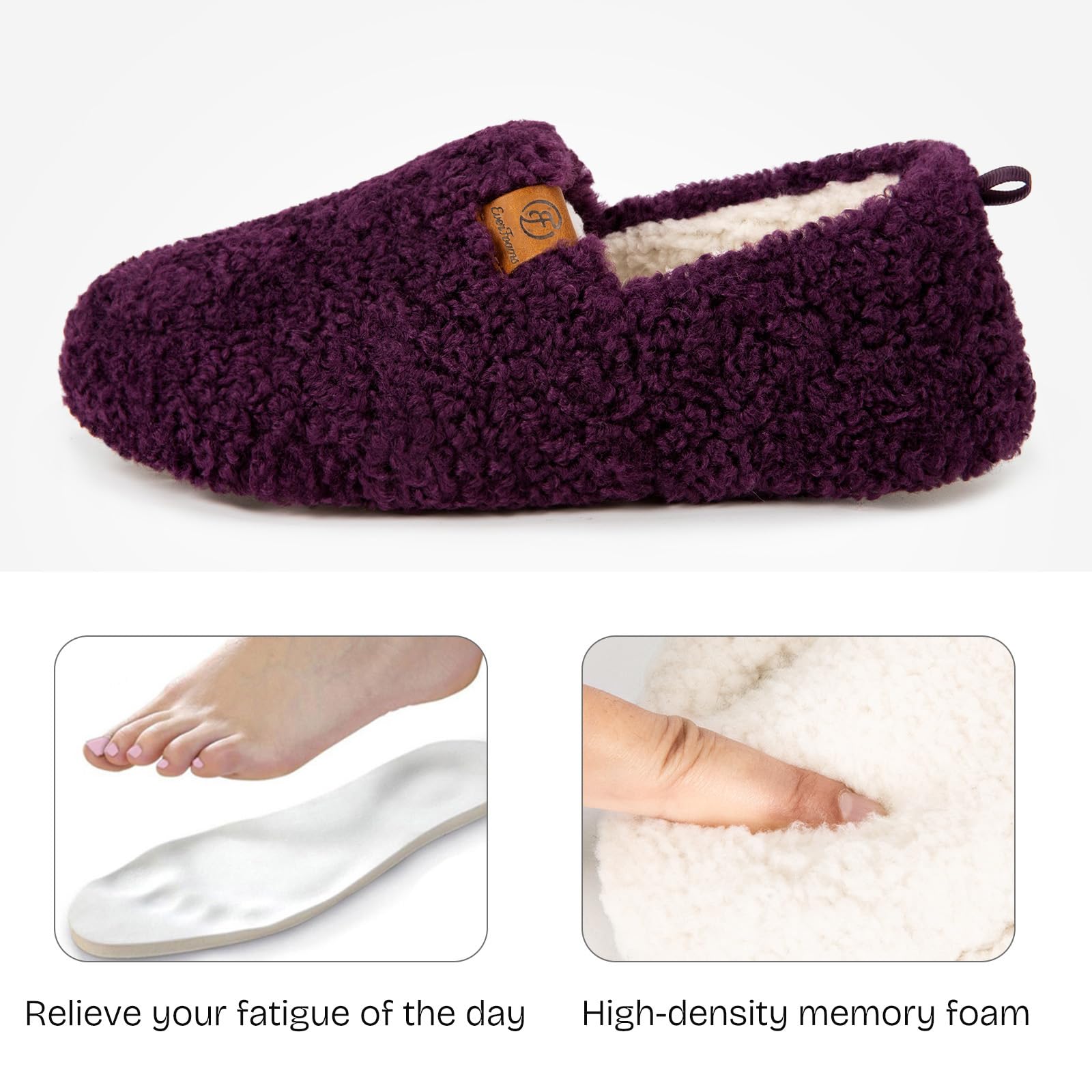 EverFoams Women’s Soft Curly Full Slippers Memory Foam Lightweight House Shoes Cozy Loafer with Polar Fleece Lining Dark Aubergine,8.5 US