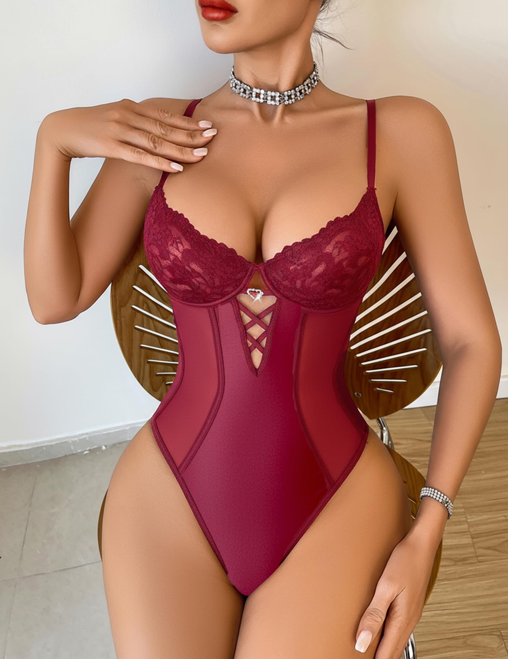 Avidlove Sexy Lingerie for Women Deep V Lace Teddy Lingerie Snap Crotch Bodysuit Cut Out One Piece Babydoll （ Deep Red, S